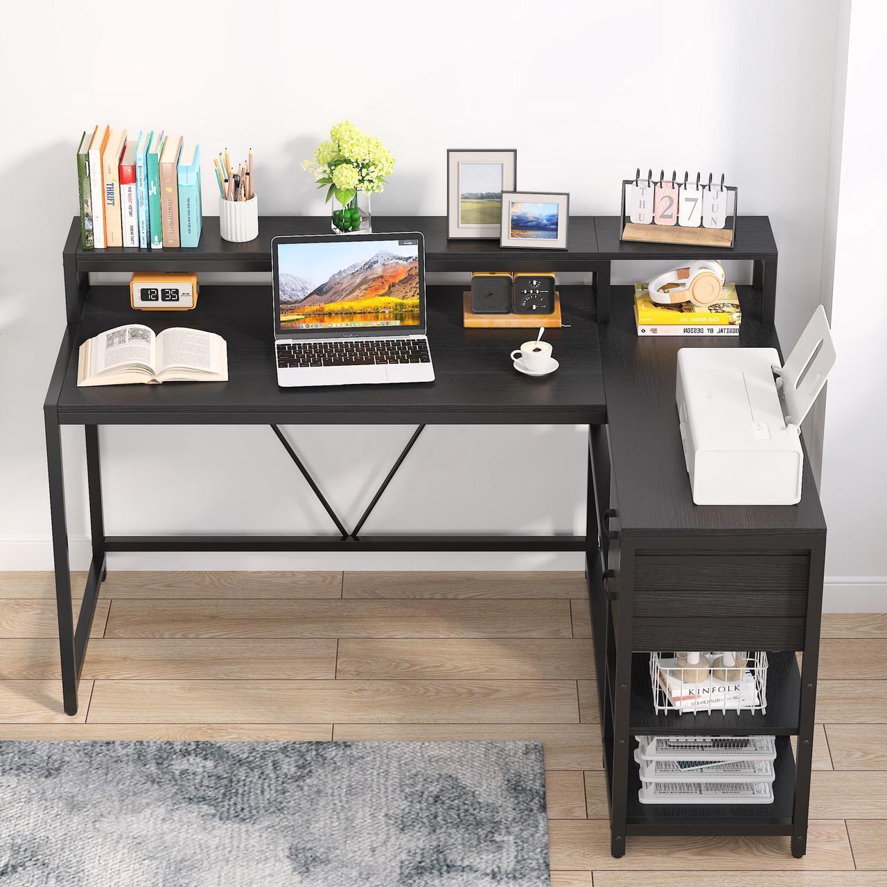 Alt view image 4 of 7 - Tribesigns L Shaped Desk with Drawer and Monitor Stand, Modern Simple L Corner Desk Home Office Table with Storage Shelves, Black Wooden and Metal PC Desk for Small Space