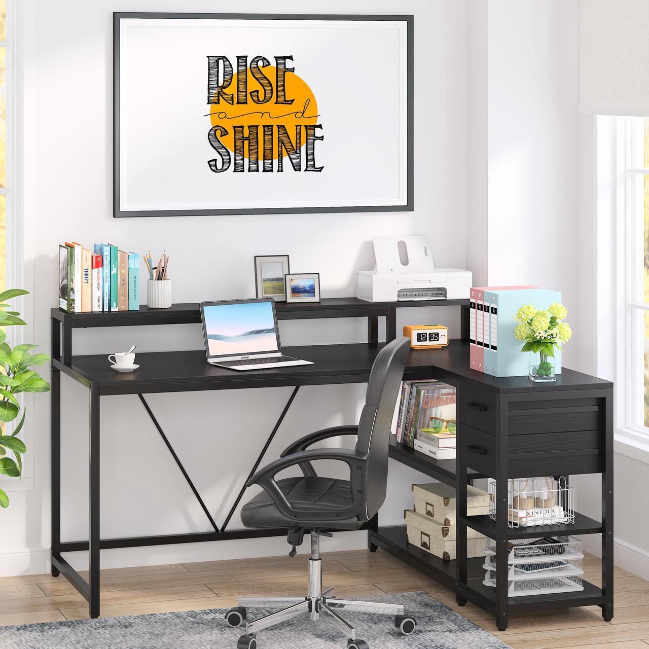 Alt view image 5 of 7 - Tribesigns L Shaped Desk with Drawer and Monitor Stand, Modern Simple L Corner Desk Home Office Table with Storage Shelves, Black Wooden and Metal PC Desk for Small Space