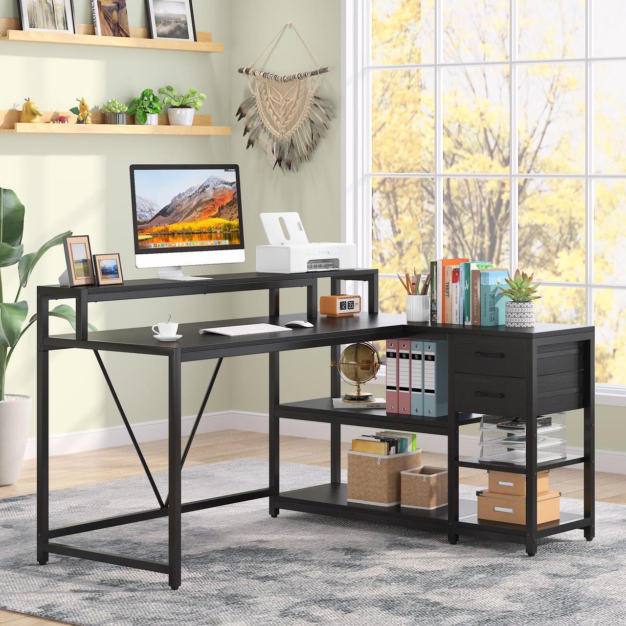 Main image of Tribesigns L Shaped Desk with Drawer and Monitor Stand, Modern Simple L Corner Desk Home Office Table with Storage Shelves, Black Wooden and Metal PC Desk for Small Space