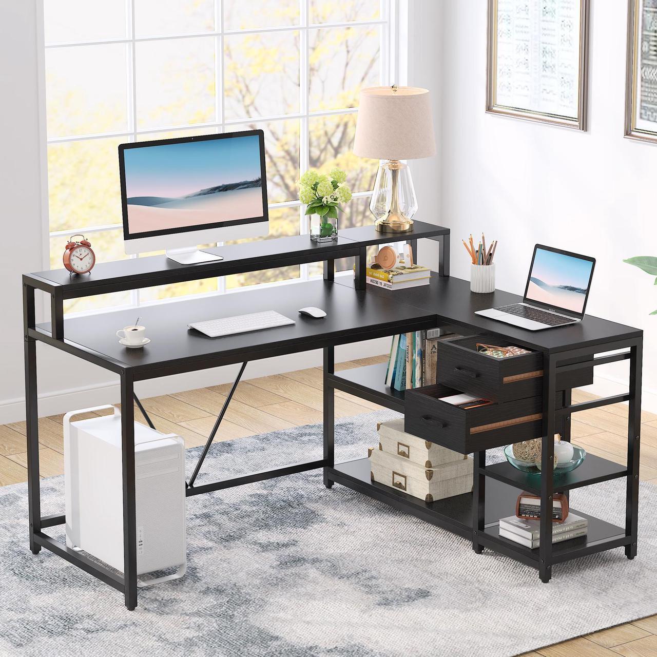 Alt view image 7 of 7 - Tribesigns L Shaped Desk with Drawer and Monitor Stand, Modern Simple L Corner Desk Home Office Table with Storage Shelves, Black Wooden and Metal PC Desk for Small Space