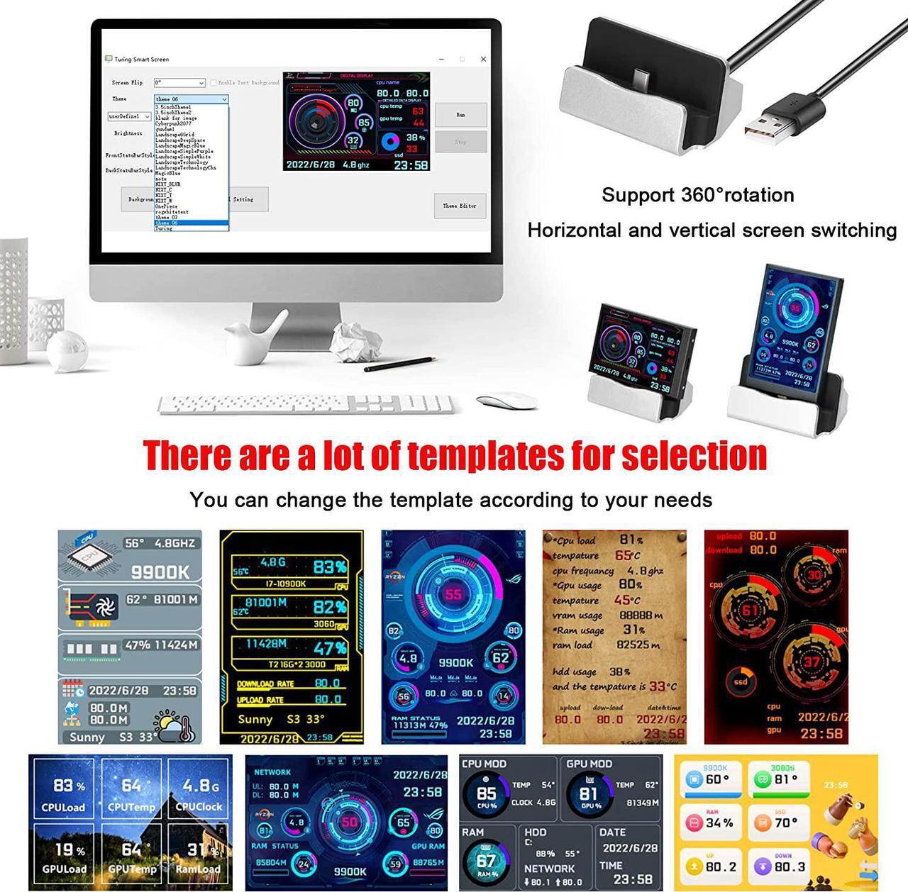 Alt view image 3 of 7 - 3.5 Inch IPS Display Screen USB Secondary Screen Computers CPU GPU RAM HDD Monitor Time Date Display Horizontal Vertical Screen Switch