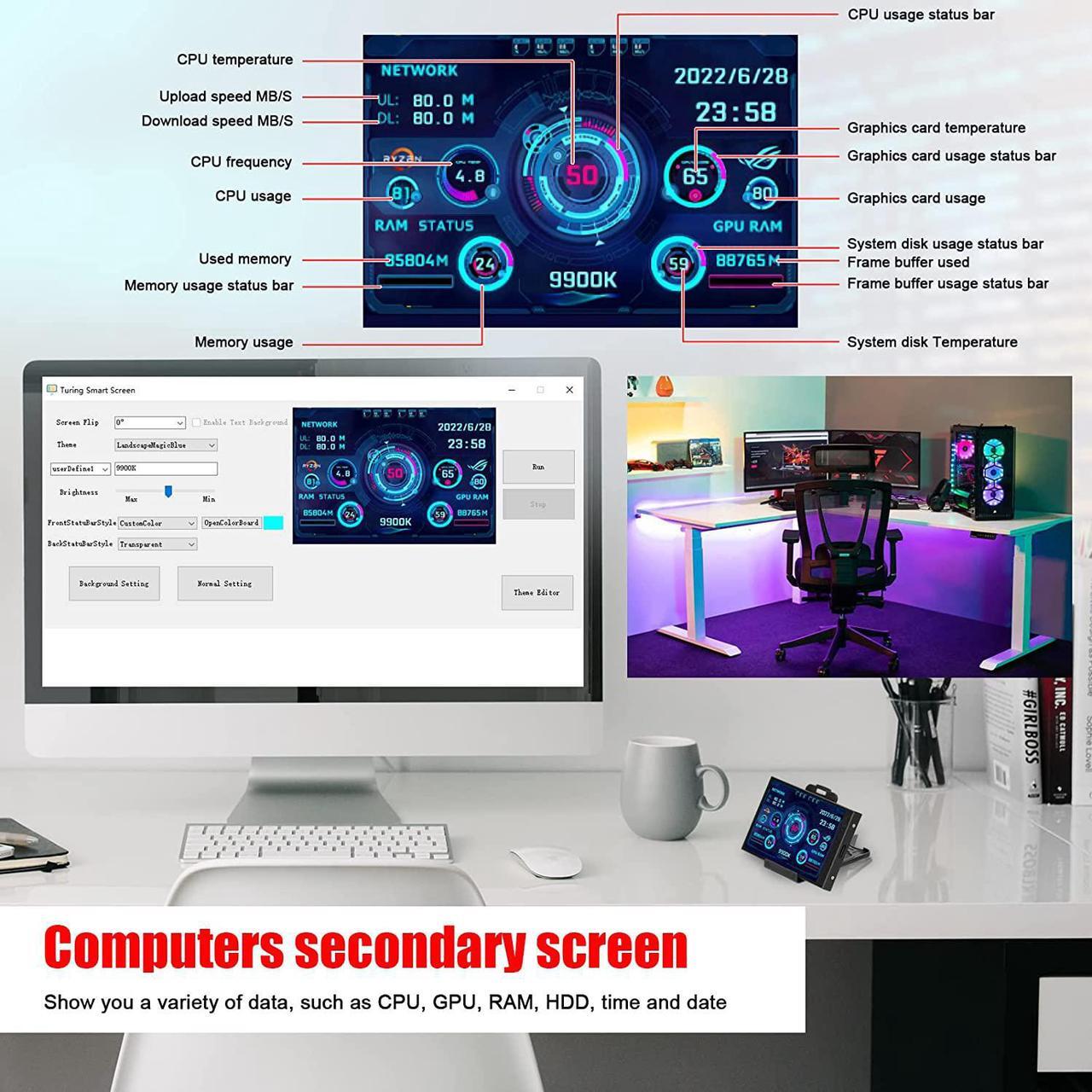 Alt view image 2 of 7 - 3.5 Inch IPS Display Screen USB Secondary Screen Computers CPU GPU RAM HDD Monitor Time Date Display Horizontal Vertical Screen Switch