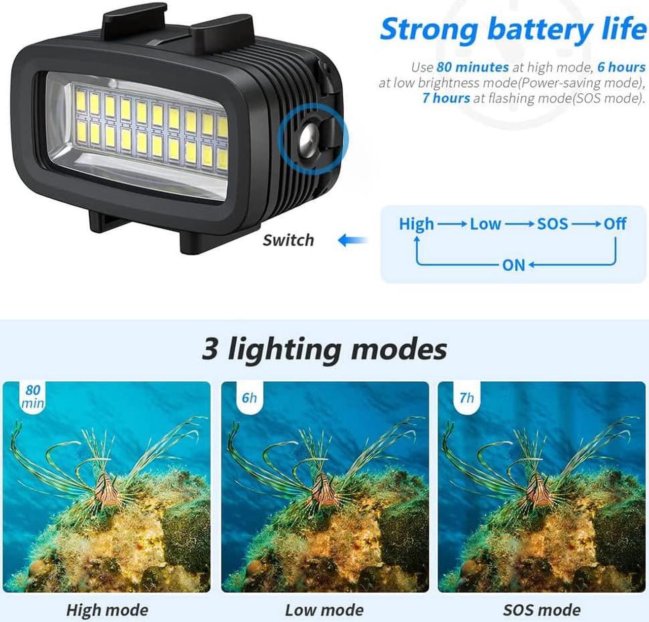 Alt view image 3 of 7 - Diving Video Light Waterproof 131FT/40M with Hot Shoe Adapter 3 Color Filters Led Camera Fill Lights Underwater Photography Lighting for Gopro Nikon Sony Canon Fujifilm