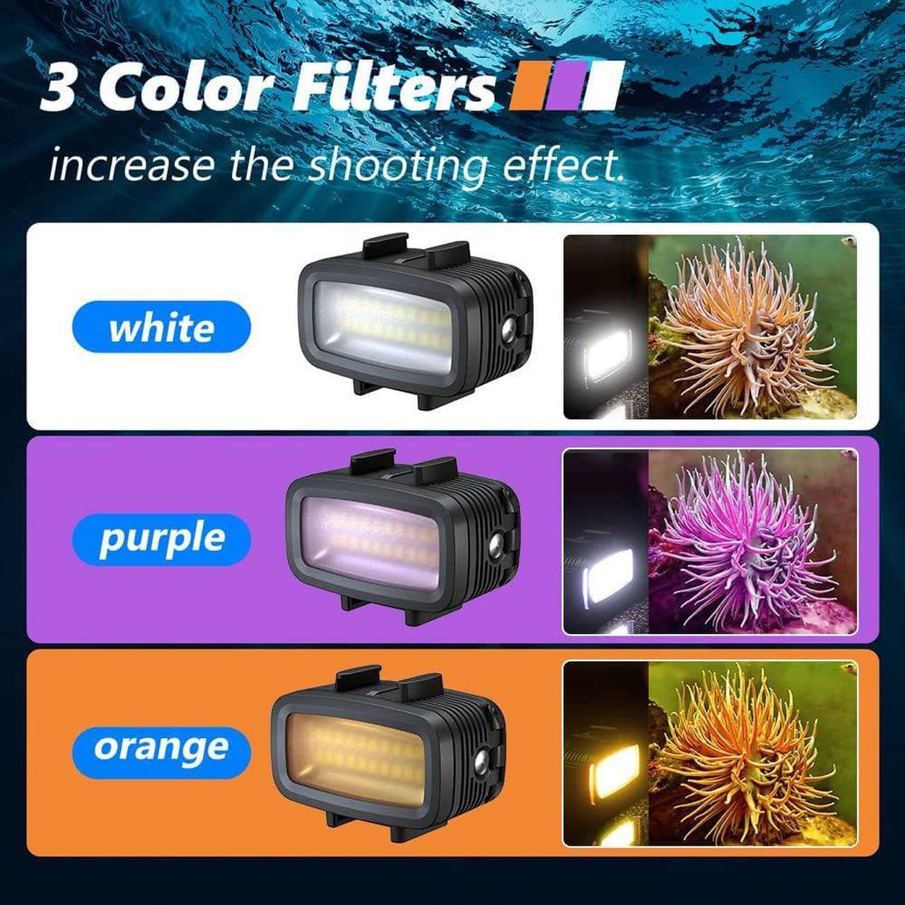 Alt view image 4 of 7 - Diving Video Light Waterproof 131FT/40M with Hot Shoe Adapter 3 Color Filters Led Camera Fill Lights Underwater Photography Lighting for Gopro Nikon Sony Canon Fujifilm