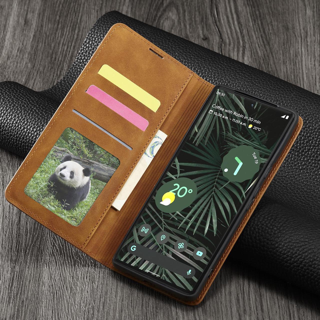 Alt view image 6 of 7 - Case for Google Pixel 6 5G 6.4 inch Premium PU Leather Cover with Card Holder Kickstand Shockproof Flip Wallet Cover Brown