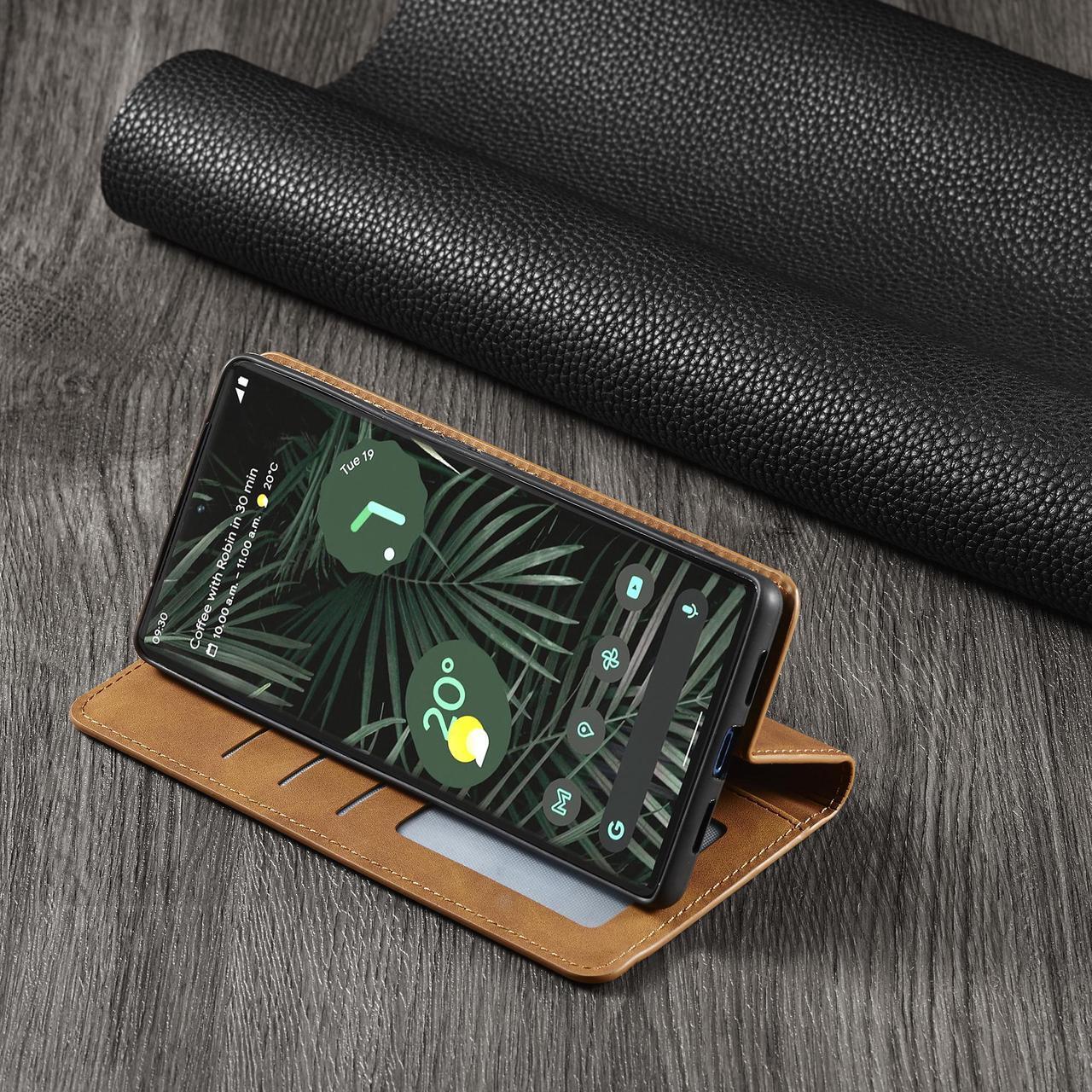Alt view image 7 of 7 - Case for Google Pixel 6 5G 6.4 inch Premium PU Leather Cover with Card Holder Kickstand Shockproof Flip Wallet Cover Brown