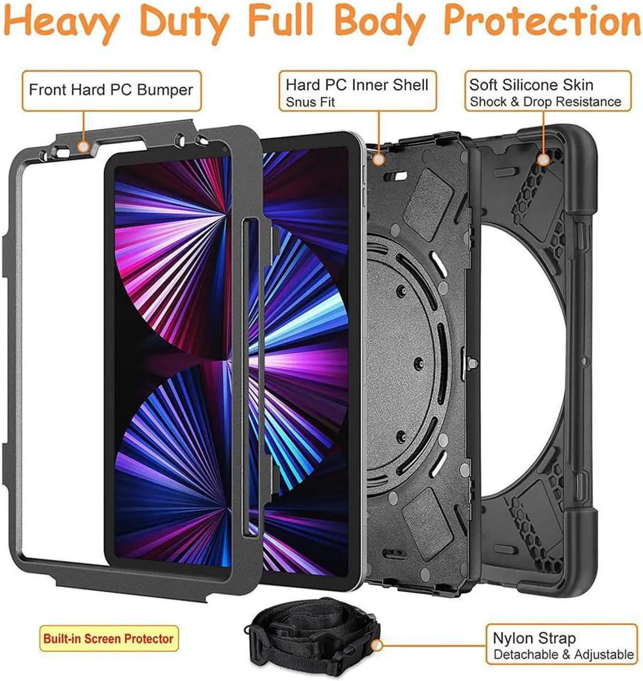 Alt view image 3 of 7 - Case for iPad Pro 11 inch 2022 2021 2020 2018/ iPad Air 4 / Air 5 10.9 Inch, 360° Rotating Kickstand Shockproof Cover with Built-in Stand & Shoulder Strap & Pencil Holder