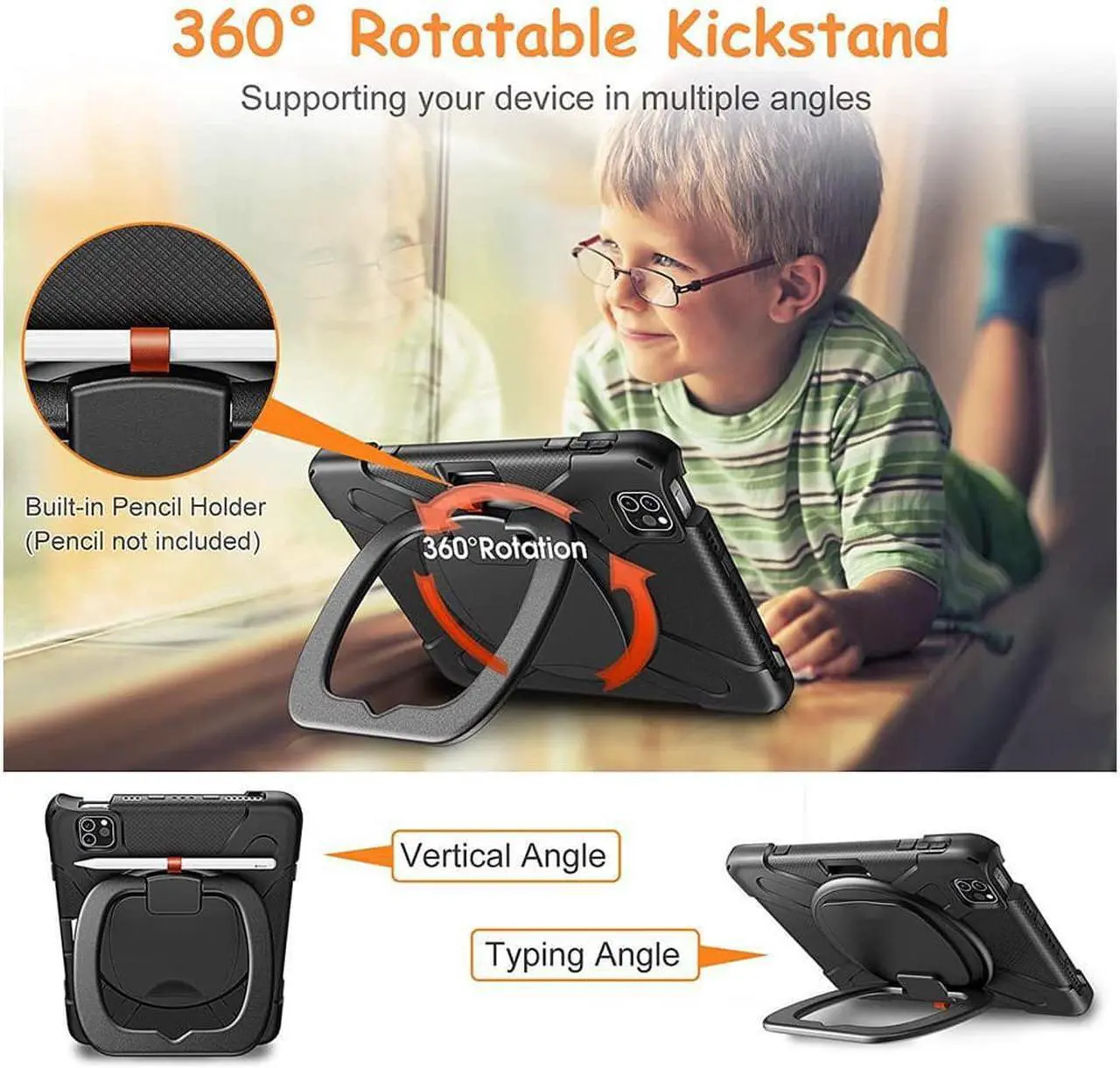 Alt view image 2 of 7 - Case for iPad Pro 11 inch 2022 2021 2020 2018/ iPad Air 4 / Air 5 10.9 Inch, 360° Rotating Kickstand Shockproof Cover with Built-in Stand & Shoulder Strap & Pencil Holder