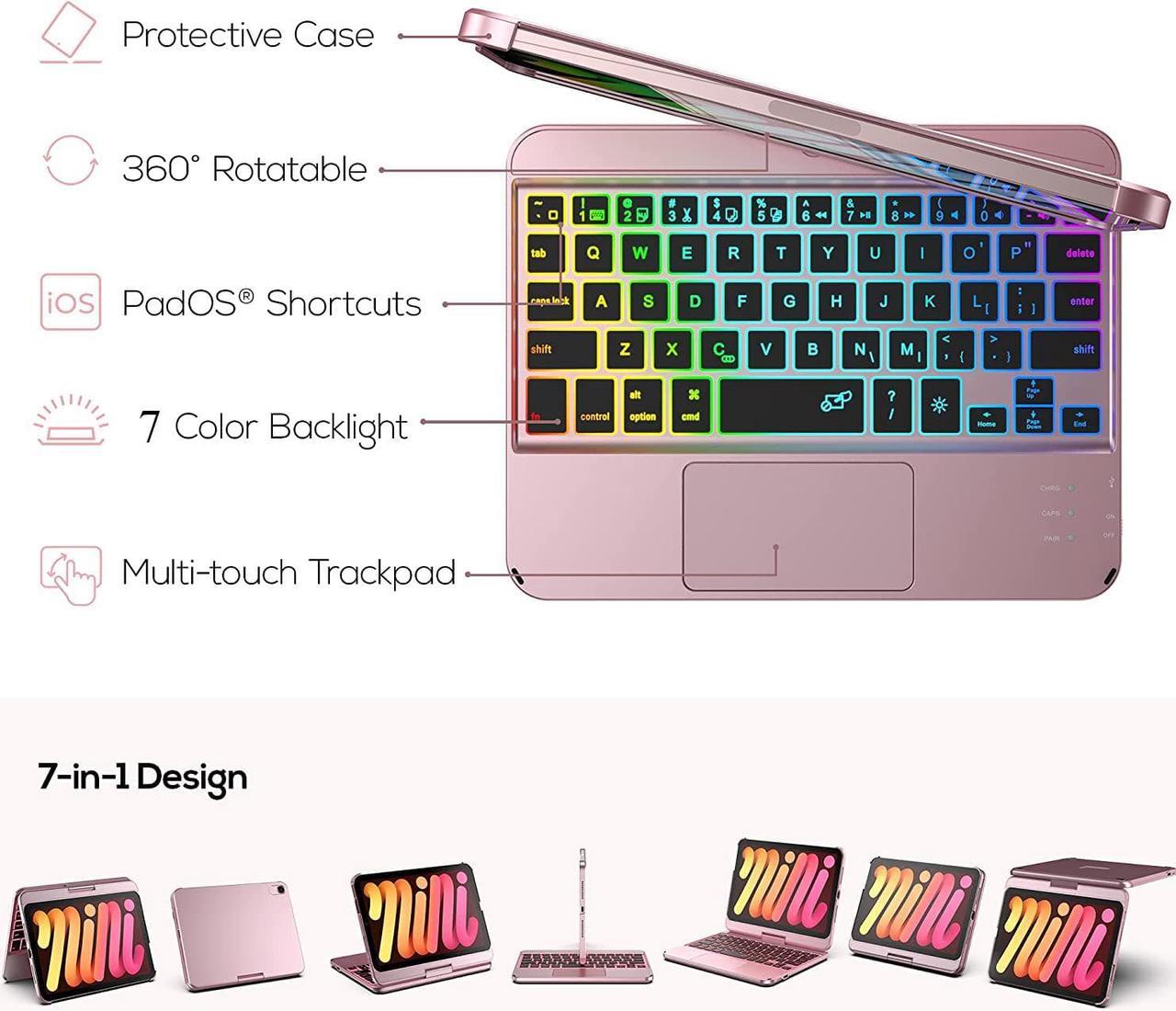 Alt view image 3 of 7 - Touch Wireless Keyboard Case for iPad Mini 6 2021 8.3 inch, Touchpad, 7 Colors Backlit, 360 Rotatable Slim Folio Protective Cover For iPad Mini 6th Generation 8.3 inch 2021 Rose Gold