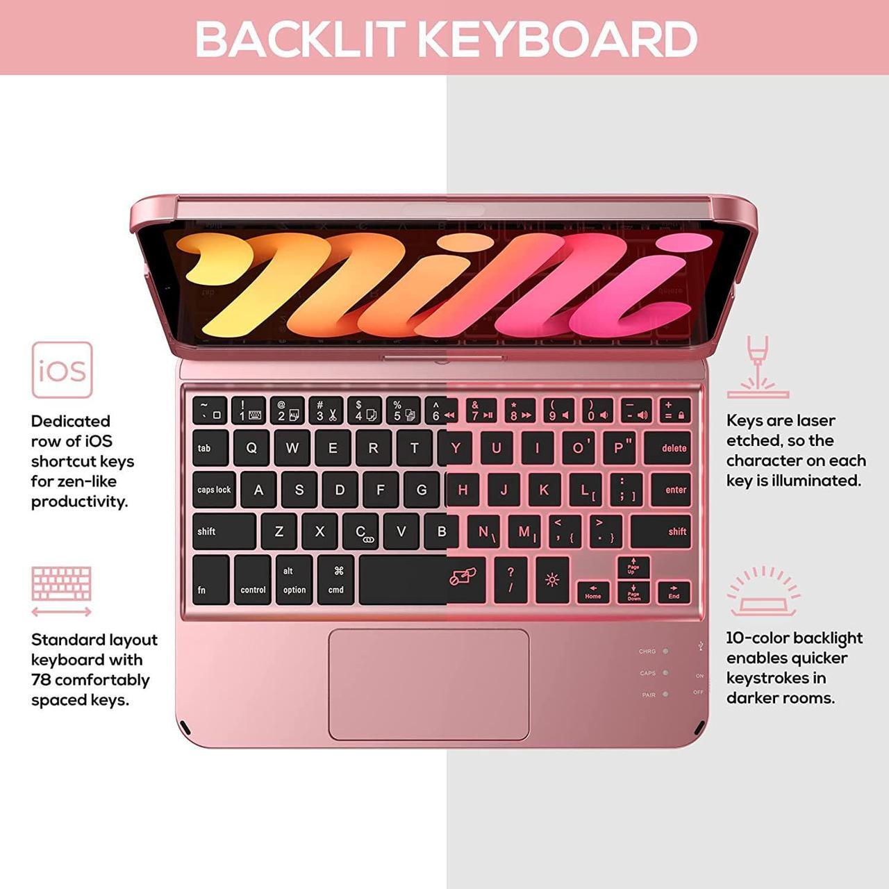 Alt view image 5 of 7 - Touch Wireless Keyboard Case for iPad Mini 6 2021 8.3 inch, Touchpad, 7 Colors Backlit, 360 Rotatable Slim Folio Protective Cover For iPad Mini 6th Generation 8.3 inch 2021 Rose Gold