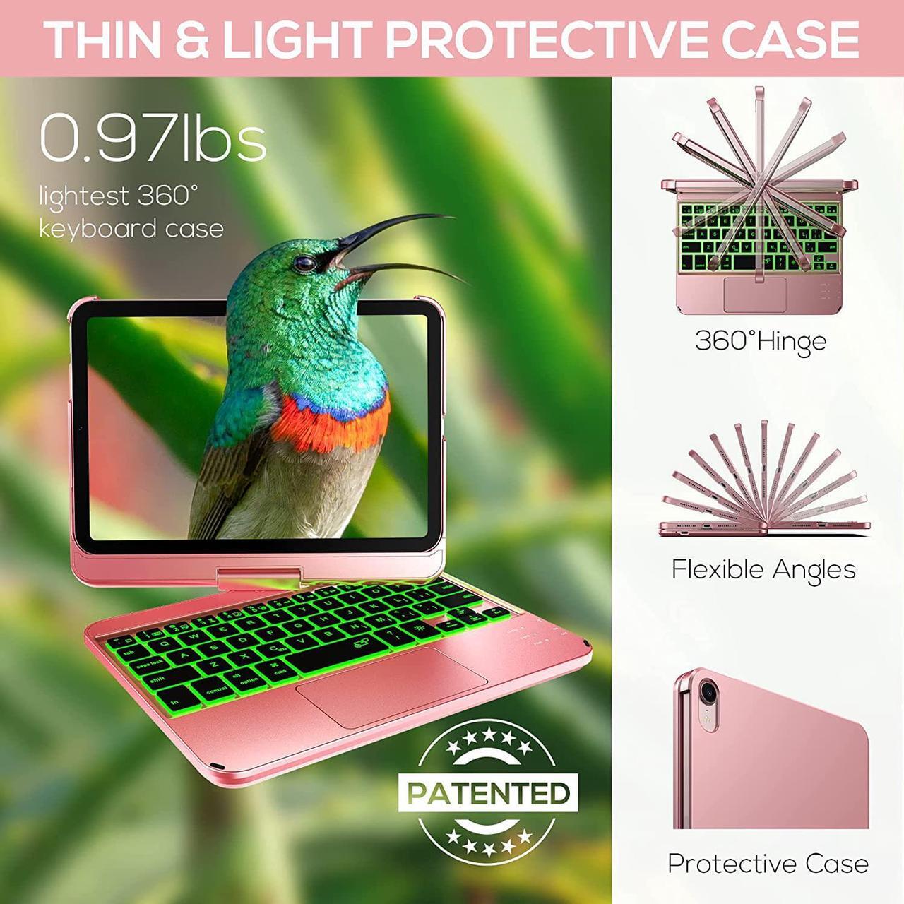 Alt view image 4 of 7 - Touch Wireless Keyboard Case for iPad Mini 6 2021 8.3 inch, Touchpad, 7 Colors Backlit, 360 Rotatable Slim Folio Protective Cover For iPad Mini 6th Generation 8.3 inch 2021 Rose Gold