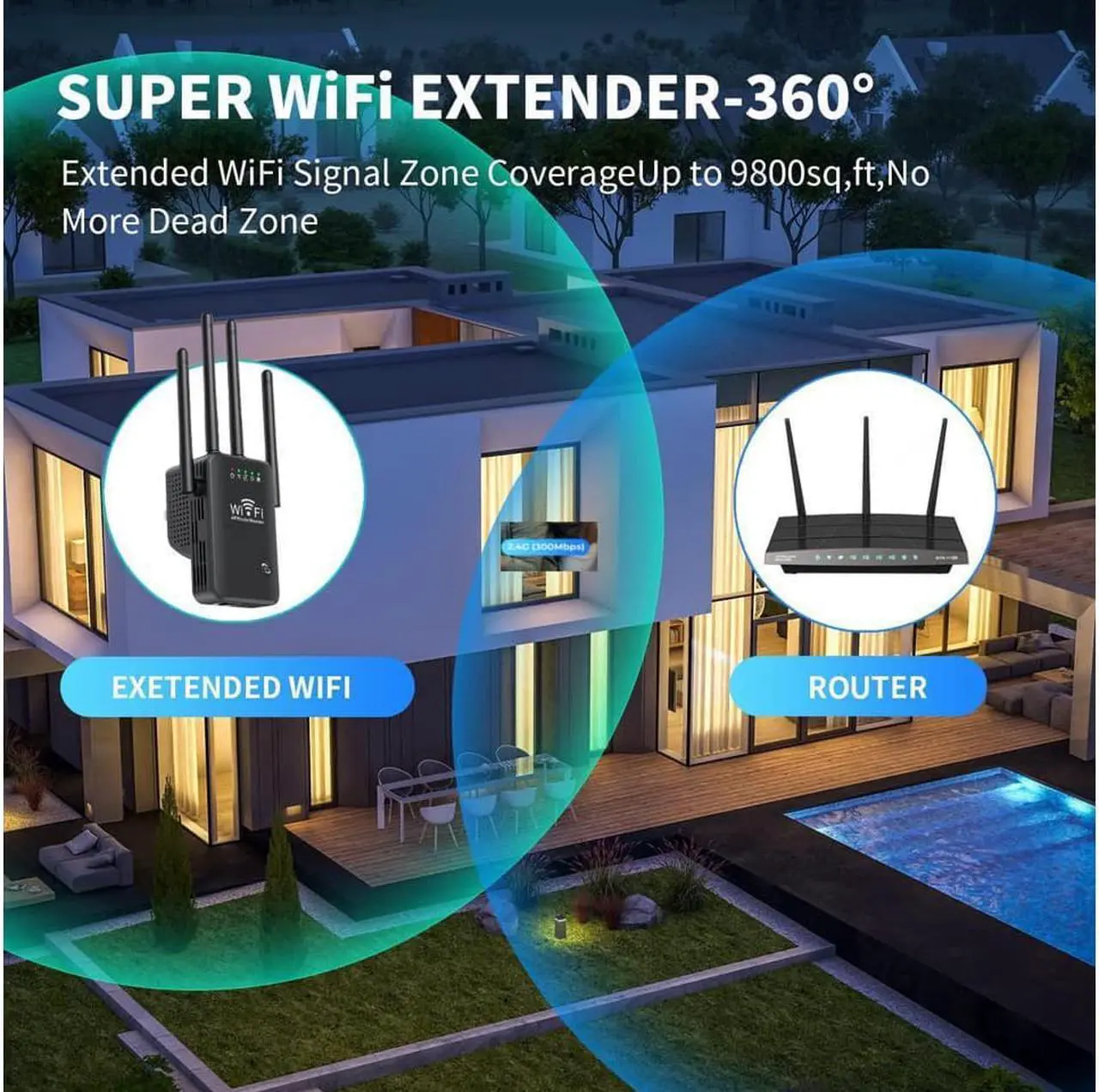 Alt view image 2 of 7 - WiFi Extender Signal Booster Long Range up to 9985sq.ft and 50+ Devices, Internet Booster for Home, Wireless Internet Repeater and Signal Amplifier, 5 Modes,1-Tap Setup, Supports Ethernet Port