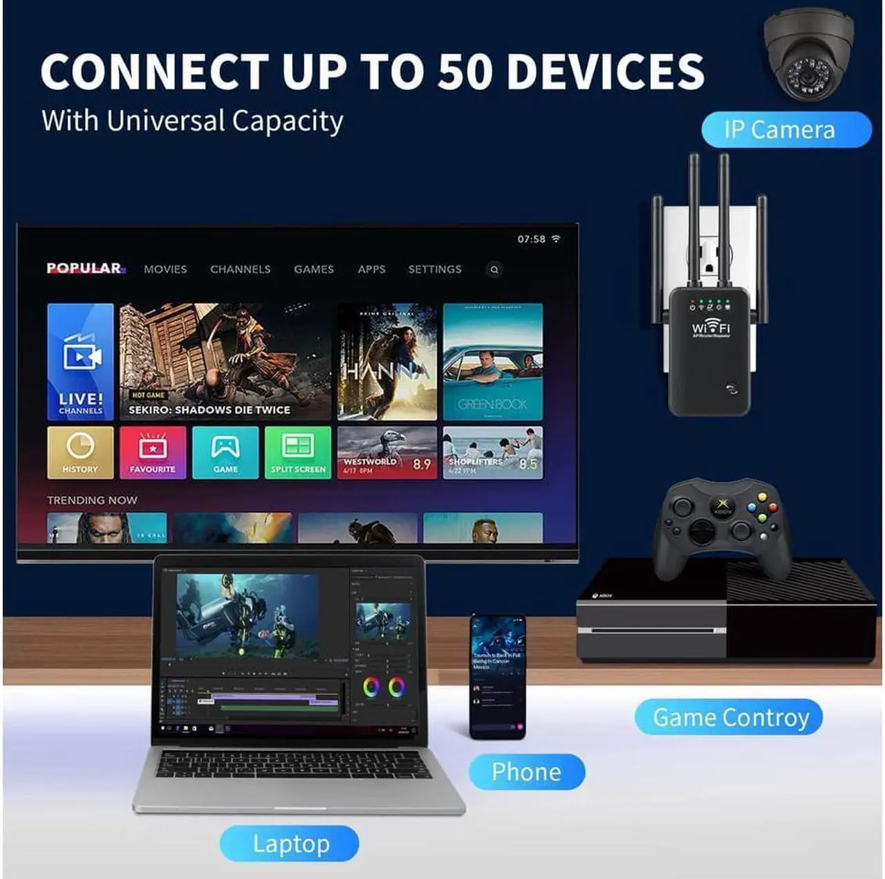 Alt view image 7 of 7 - WiFi Extender Signal Booster Long Range up to 9985sq.ft and 50+ Devices, Internet Booster for Home, Wireless Internet Repeater and Signal Amplifier, 5 Modes,1-Tap Setup, Supports Ethernet Port