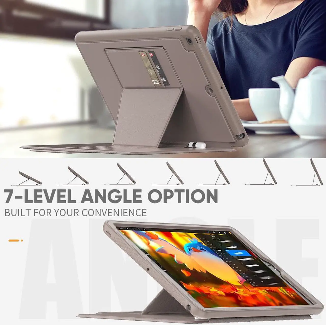 Alt view image 2 of 7 - iPad 9th 8th 7th Generation 10.2 inch Case, [Strong Magnetic] Auto Sleep/Wake Drop Proof Cover with [Multi-angle Stand] Pencil Holder & Card Slot for iPad 10.2 Inch 2021 2020 2019