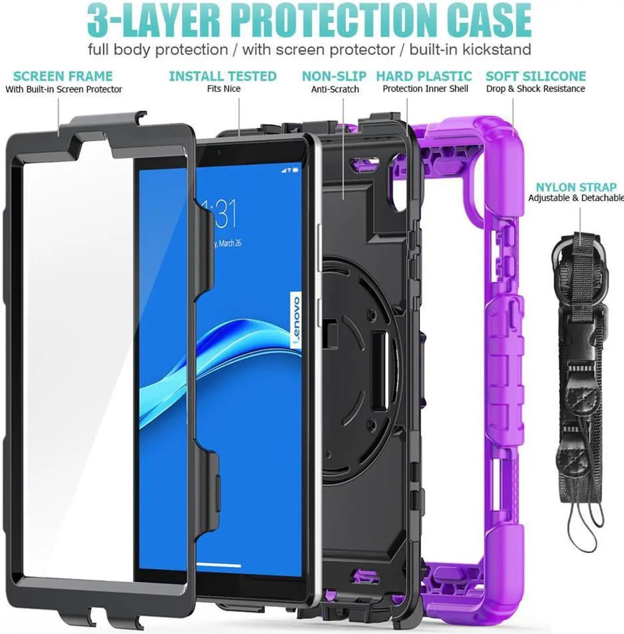 Alt view image 3 of 6 - Case for Lenovo Tab M8 Gen 3 2022/ Smart Tab M8 Gen 3 2022/Tab M8 HD LTE 2021/ Tab M8 HD/Smart Tab M8/Tab M8 FHD 2019 with Pen Holder Screen Protector Stand Shoulder Strap Purple