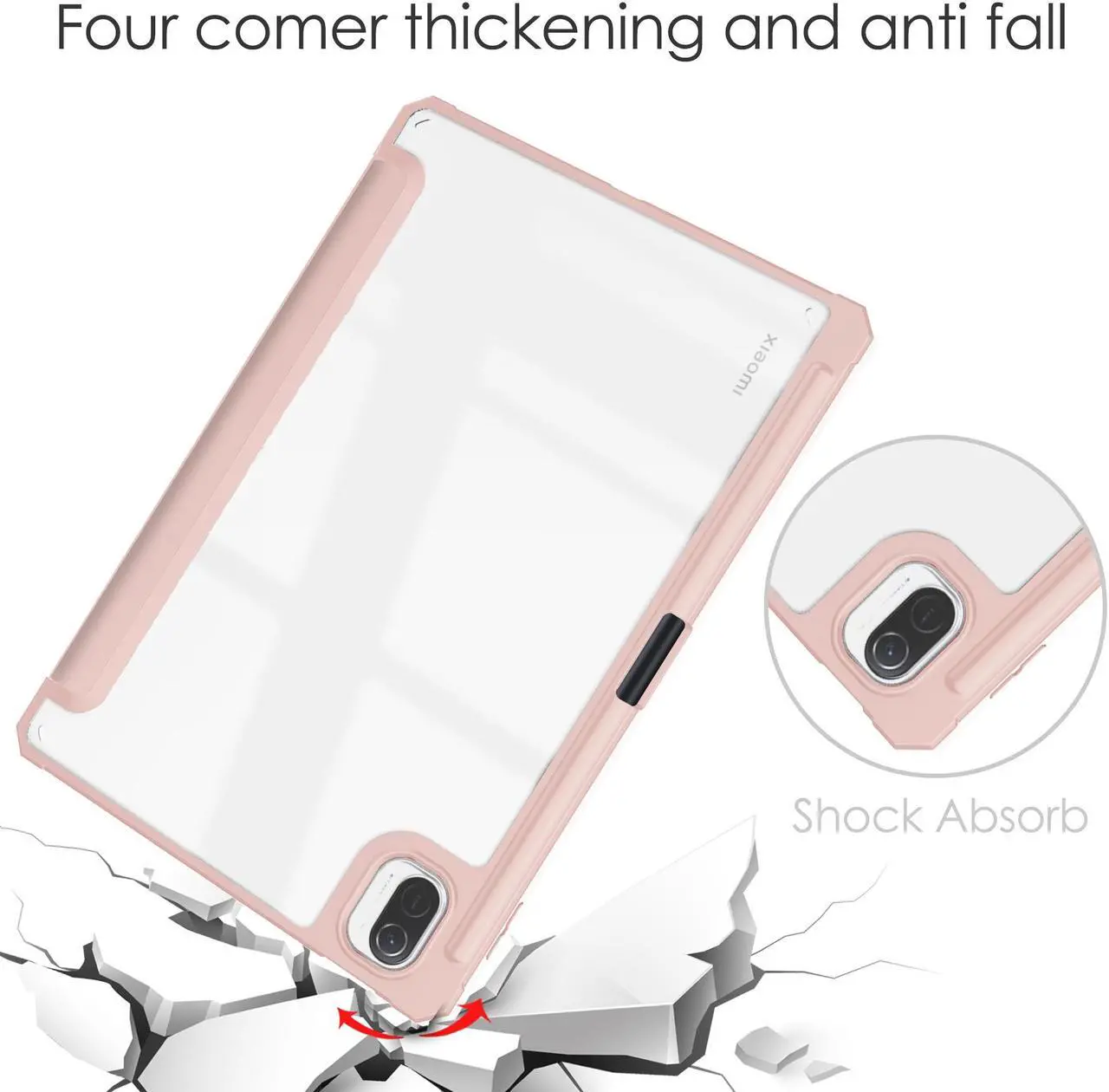 Alt view image 5 of 7 - Case For Xiaomi Pad 5 / Pad 5 Pro 11 Inch, Transparent Hard Back Cover Trifold Smart Stand Cover with Pen Holder, Stylus Pen, Auto Wake/Sleep Rose Gold
