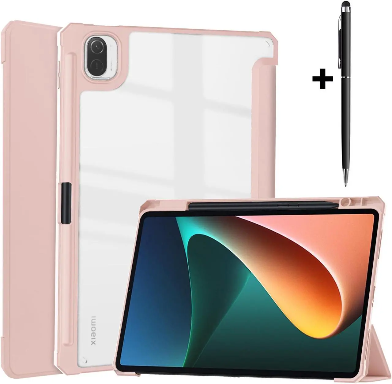 Main image of Case For Xiaomi Pad 5 / Pad 5 Pro 11 Inch, Transparent Hard Back Cover Trifold Smart Stand Cover with Pen Holder, Stylus Pen, Auto Wake/Sleep Rose Gold