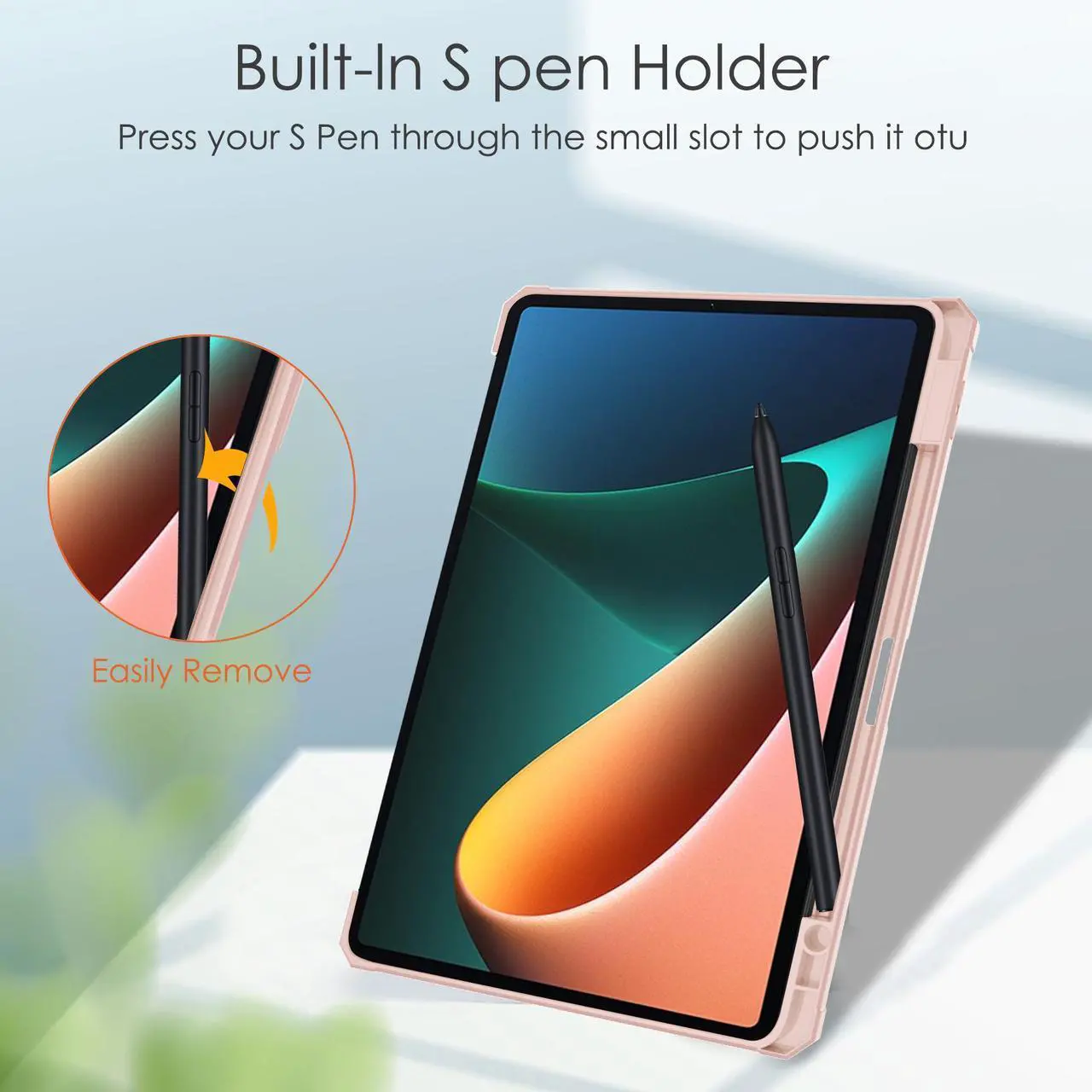 Alt view image 6 of 7 - Case For Xiaomi Pad 5 / Pad 5 Pro 11 Inch, Transparent Hard Back Cover Trifold Smart Stand Cover with Pen Holder, Stylus Pen, Auto Wake/Sleep Rose Gold