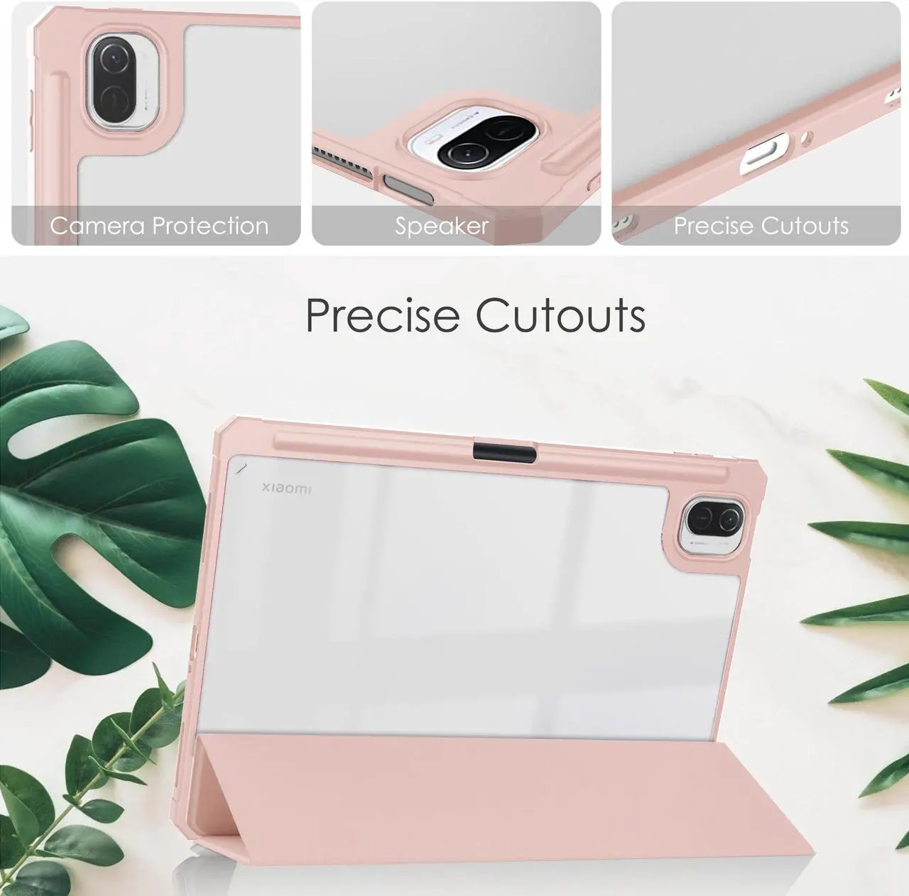 Alt view image 3 of 7 - Case For Xiaomi Pad 5 / Pad 5 Pro 11 Inch, Transparent Hard Back Cover Trifold Smart Stand Cover with Pen Holder, Stylus Pen, Auto Wake/Sleep Rose Gold