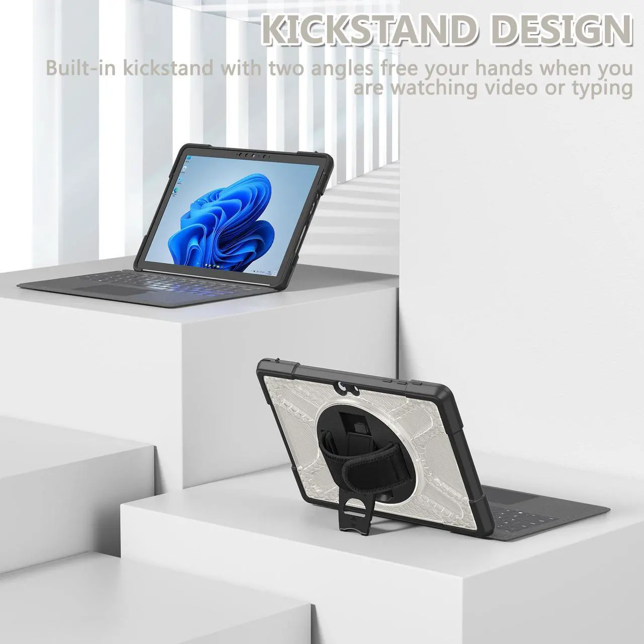 Alt view image 4 of 7 - Case For Microsoft Surface Go 3 2021 / Surface Go 2 2020 / Surface Go 2018, Heavy Duty Shockproof Cover with Kickstand, Hand Strap, 2 in 1 Pen Holder, Stylus Pen, Compatible with Type Cover Keyboard