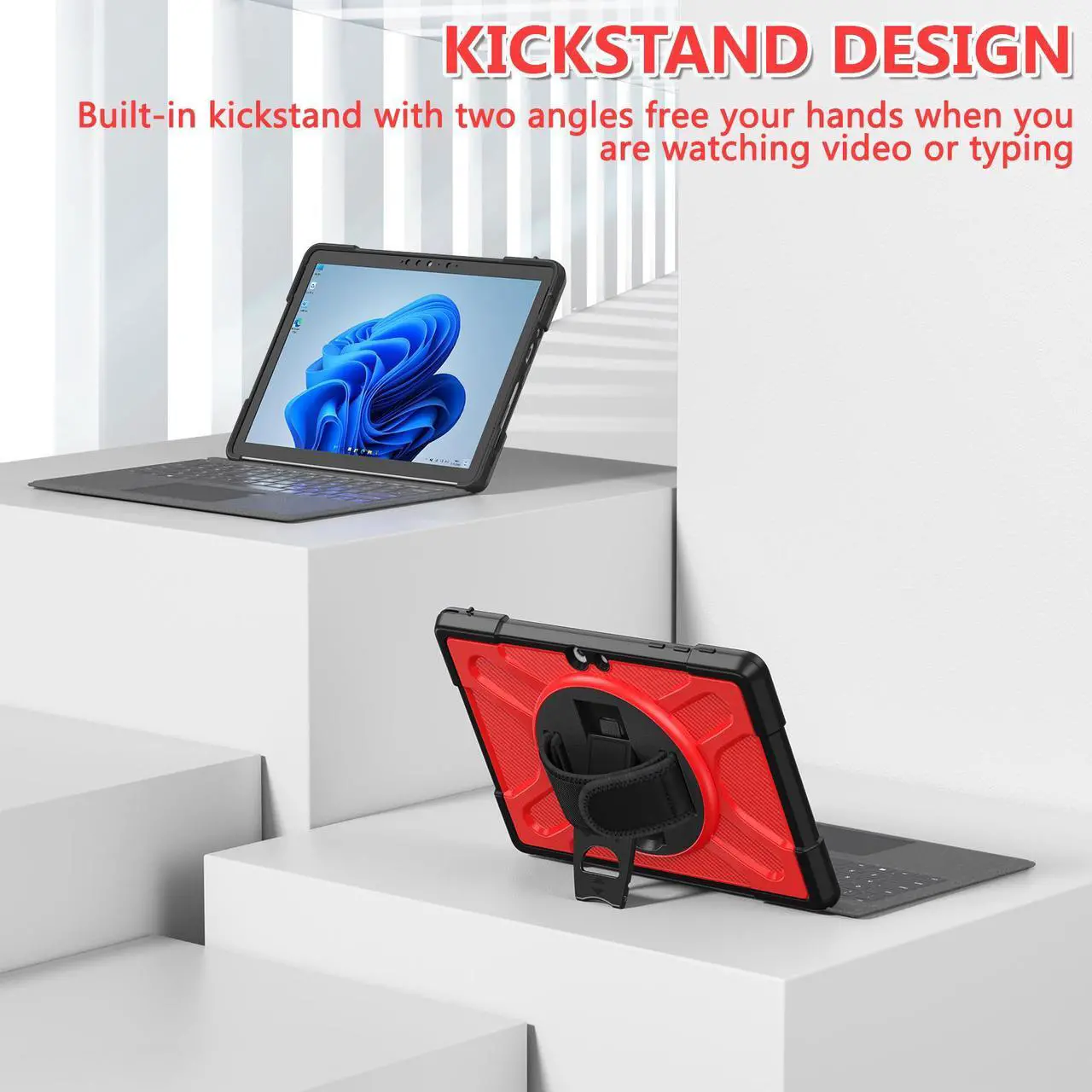Alt view image 4 of 7 - Case For Microsoft Surface Go 3 2021 / Surface Go 2 2020 / Surface Go 2018, Heavy Duty Shockproof Cover with Kickstand, Hand Strap, 2 in 1 Pen Holder, Stylus Pen, Compatible with Type Cover Keyboard