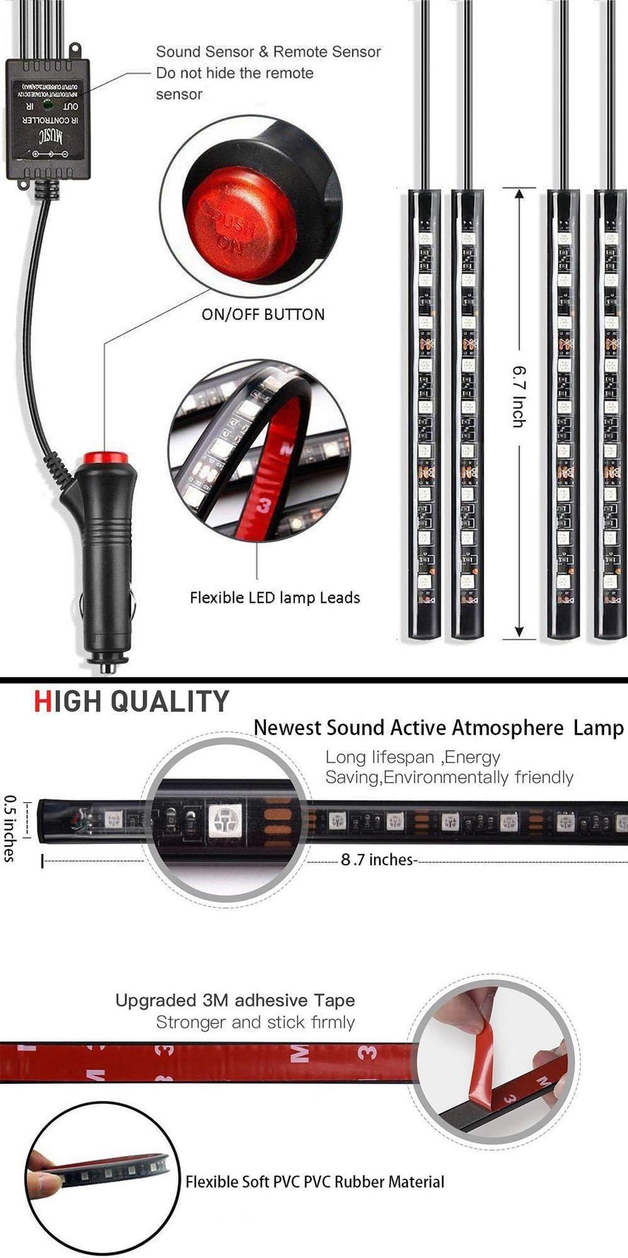 Alt view image 7 of 7 - Car Interior Lights 4pcs 36 LED Car Floor Atmosphere Glow Neon lights Multi-Color Music Car LED Strip Lights Decorative Underdash Lighting Kit with Sound Active function Wireless Remote Control DC 12V