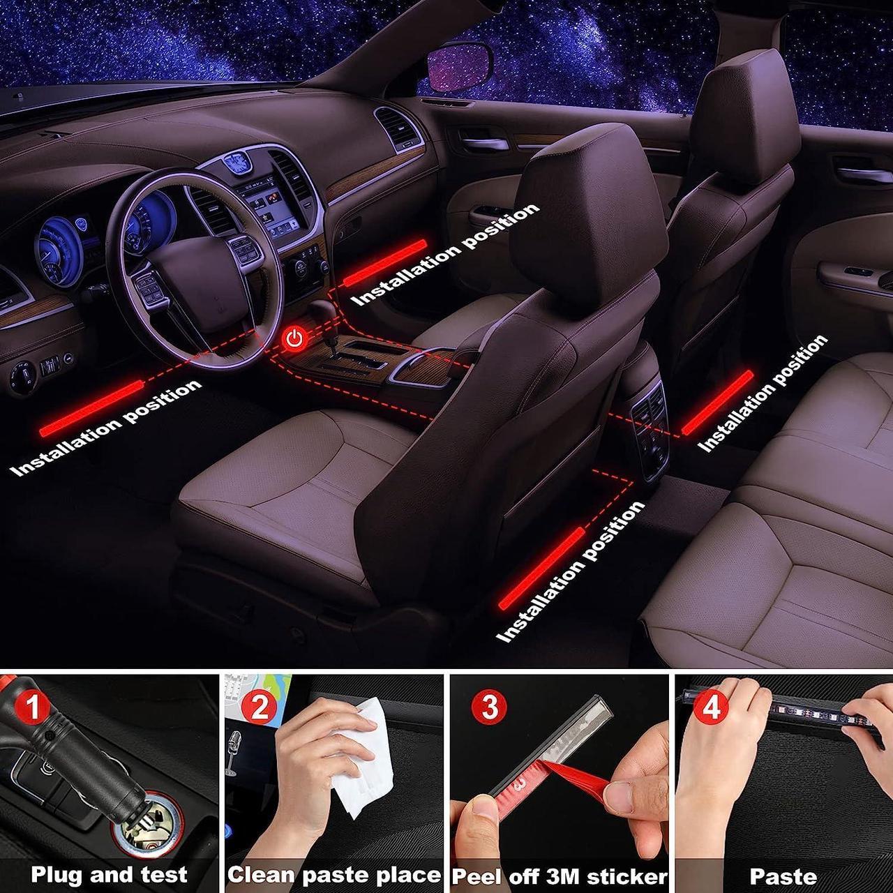 Alt view image 6 of 7 - Car Interior Lights 4pcs 36 LED Car Floor Atmosphere Glow Neon lights Multi-Color Music Car LED Strip Lights Decorative Underdash Lighting Kit with Sound Active function Wireless Remote Control DC 12V
