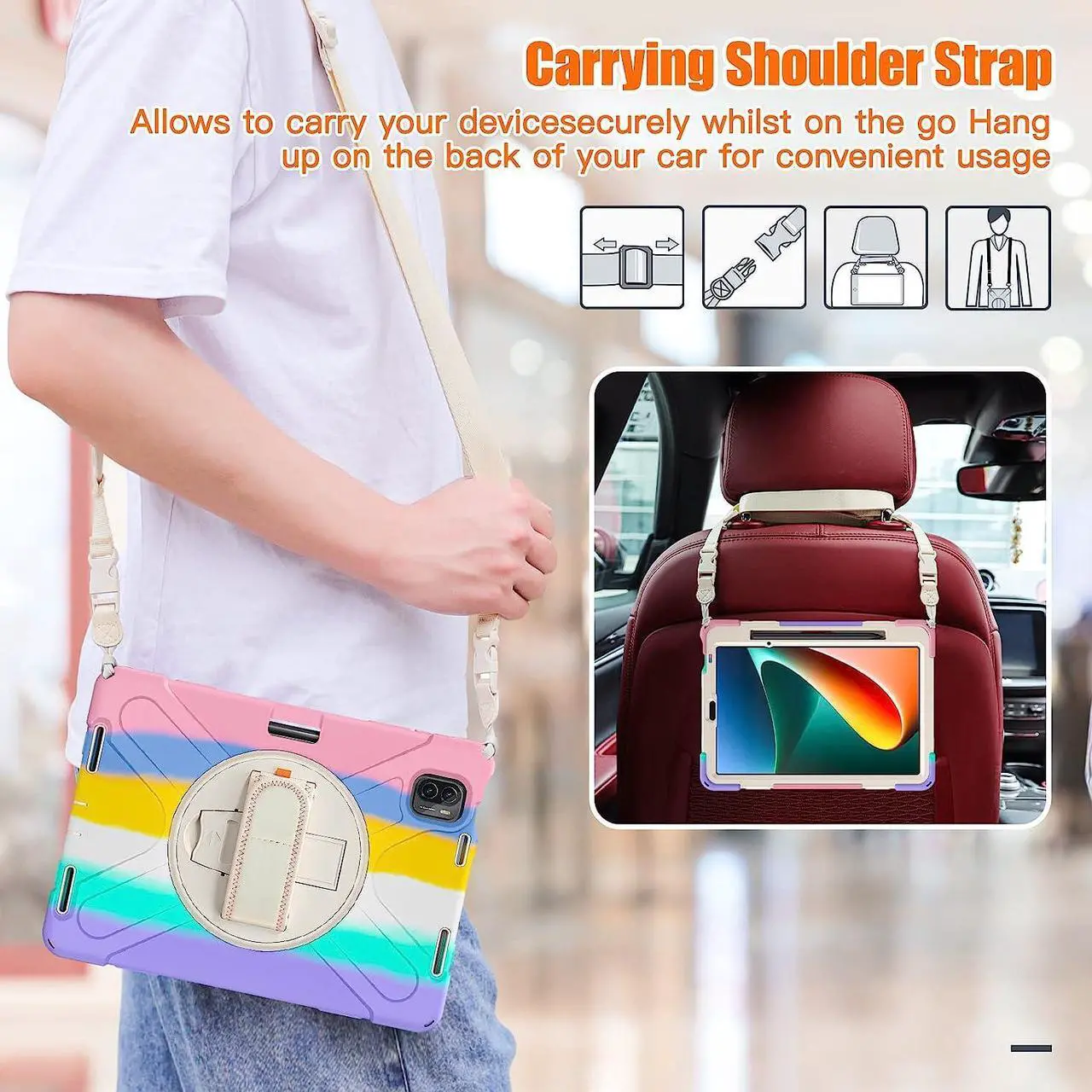 Alt view image 6 of 7 - Protective Case for Xiaomi Mi Pad 5 / Mi Pad 5 Pro 11 inch 2021 with Pencil Holder & Kickstand, Portable ShockProof Cover with Rotatable Handle, Shoulder Strap, Stylus Pen Pink
