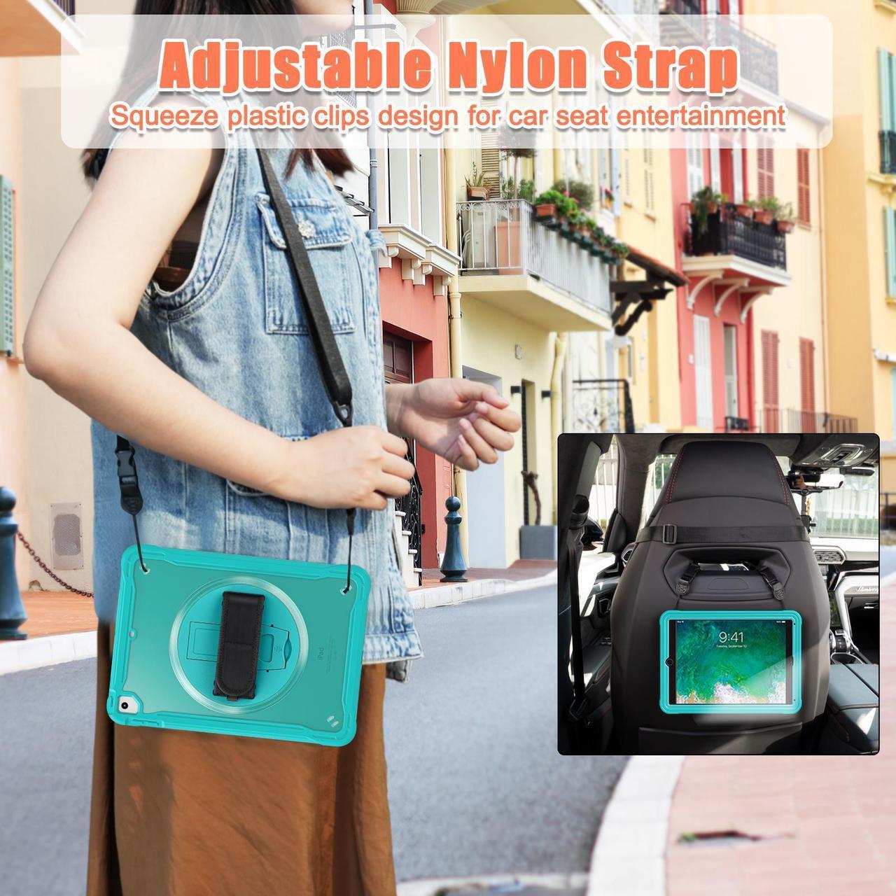 Alt view image 6 of 7 - Case For iPad 6th 5th Generation, iPad 9.7 Inch 2018 2017, iPad Air 2, iPad Pro 9.7 Shcokproof Cover with Transparent Back, Pencil Holder, Rotating Stand, Hand/Shoulder Strap, Stylus Pen Light Blue