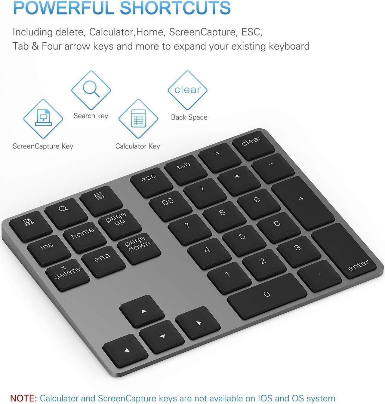 Alt view image 4 of 7 - Bluetooth Number Pad, Aluminum Rechargeable Wireless Numeric Keypad Slim 34-Keys External Numpad Keyboard Data Entry Compatible for Macbook, MacBook Air/Pro, iMac Windows Laptop Surface Pro etc
