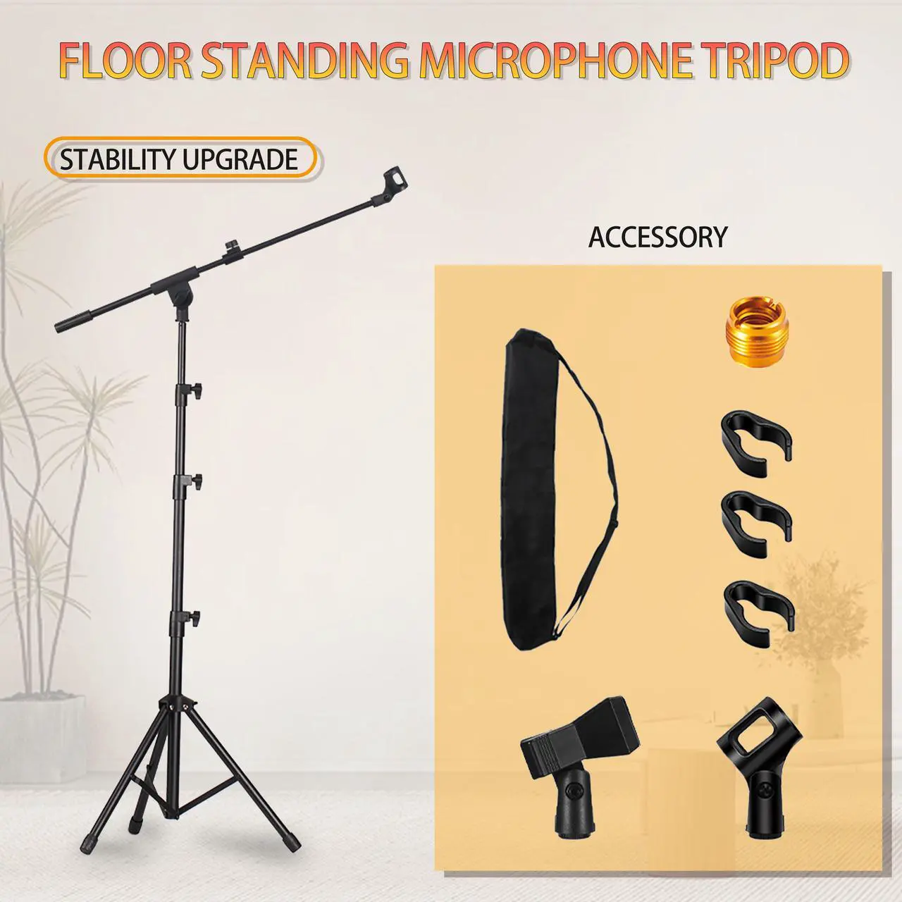 Main image of Microphone Stand, Tripod Boom Arm Floor Mic Stand Height Adjustable Heavy Duty with Carrying Bag 2 Mic Clips 3/8" to 5/8" Adapter for Singing Outdoor performance Podcast for Blue Yeti Shure SM58 SM48