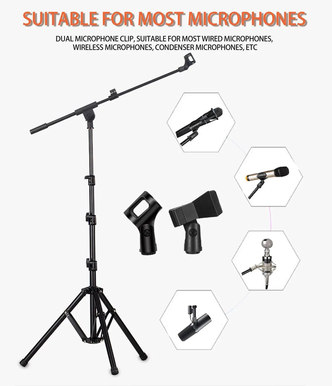 Alt view image 3 of 7 - Microphone Stand, Tripod Boom Arm Floor Mic Stand Height Adjustable Heavy Duty with Carrying Bag 2 Mic Clips 3/8" to 5/8" Adapter for Singing Outdoor performance Podcast for Blue Yeti Shure SM58 SM48