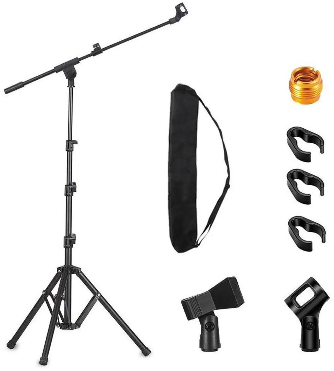 Alt view image 4 of 7 - Microphone Stand, Tripod Boom Arm Floor Mic Stand Height Adjustable Heavy Duty with Carrying Bag 2 Mic Clips 3/8" to 5/8" Adapter for Singing Outdoor performance Podcast for Blue Yeti Shure SM58 SM48