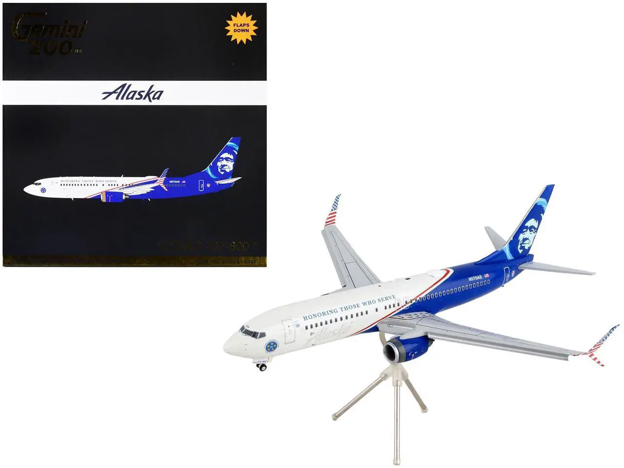 Alt view image 8 of 8 - Boeing 737-800 Commercial Aircraft with Flaps Down "Alaska Airlines" White and Blue 1/200 Diecast Model Airplane by GeminiJets