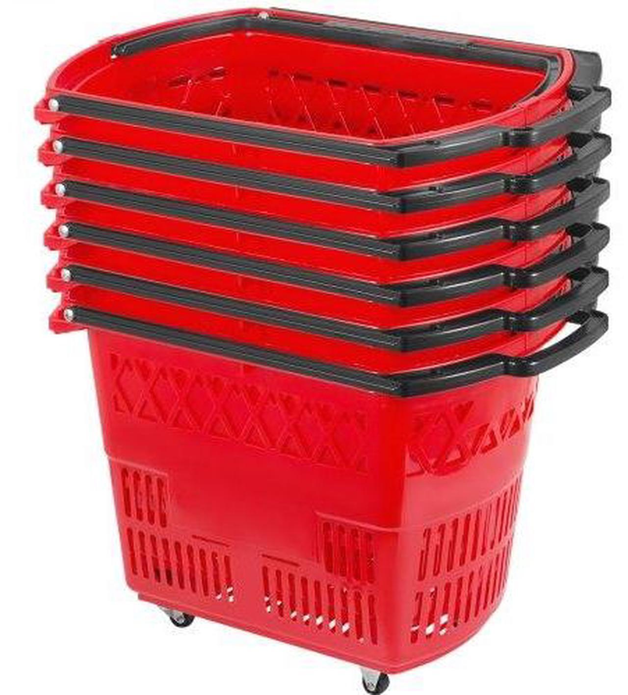 Alt view image 10 of 10 - VEVOR 6PCS Shopping Carts, Plastic Rolling Shopping Basket with Wheels, Red Shopping Baskets with Handles, Portable Shopping Basket Set for Retail Store