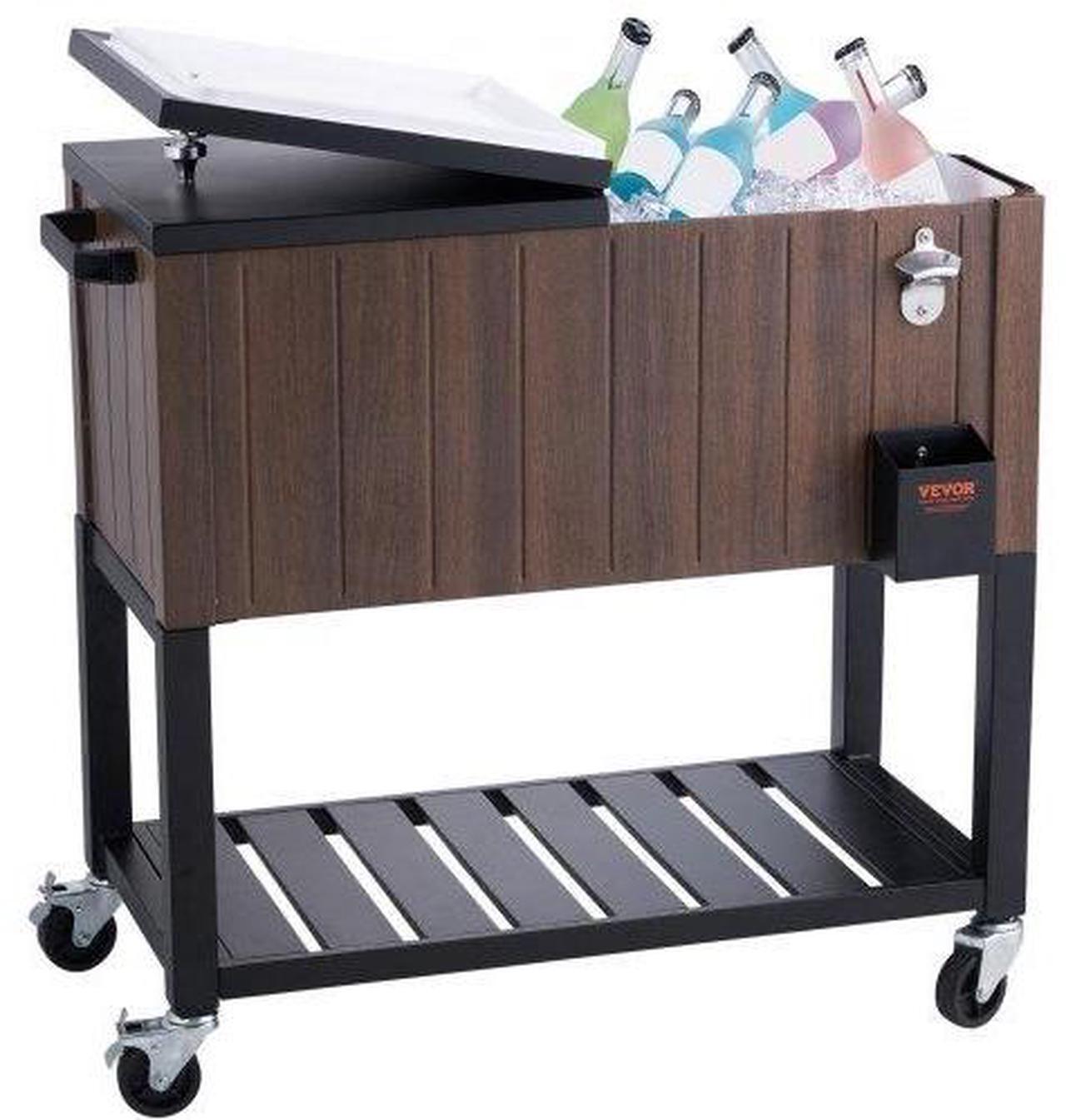 Alt view image 2 of 2 - VEVOR Rolling Ice Chest Cooler Cart 80 Quart, Portable Bar Drink Cooler, Beverage Bar Stand Up Cooler with Wheels, Bottle Opener, Handles for Patio Backyard Party Pool, Wooden Teak Accent, Brown