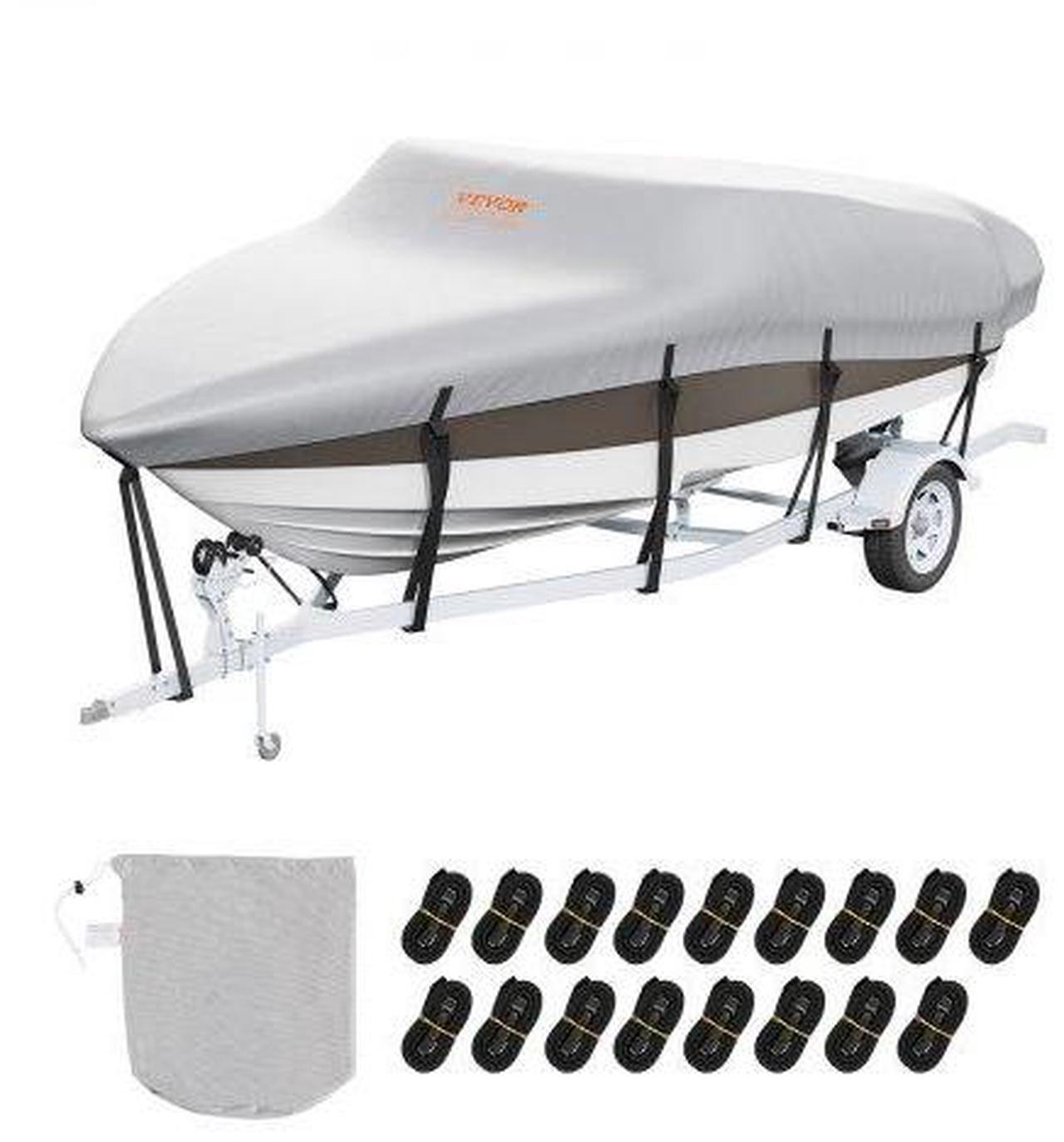 Main image of VEVOR Boat Cover, 23'-24' Trailerable Waterproof Boat Cover, 600D Marine Grade PU Oxford, with Motor Cover and Buckle Straps, for V-Hull, Tri-Hull, Fish Ski Boat, Runabout, Bass Boat, Grey