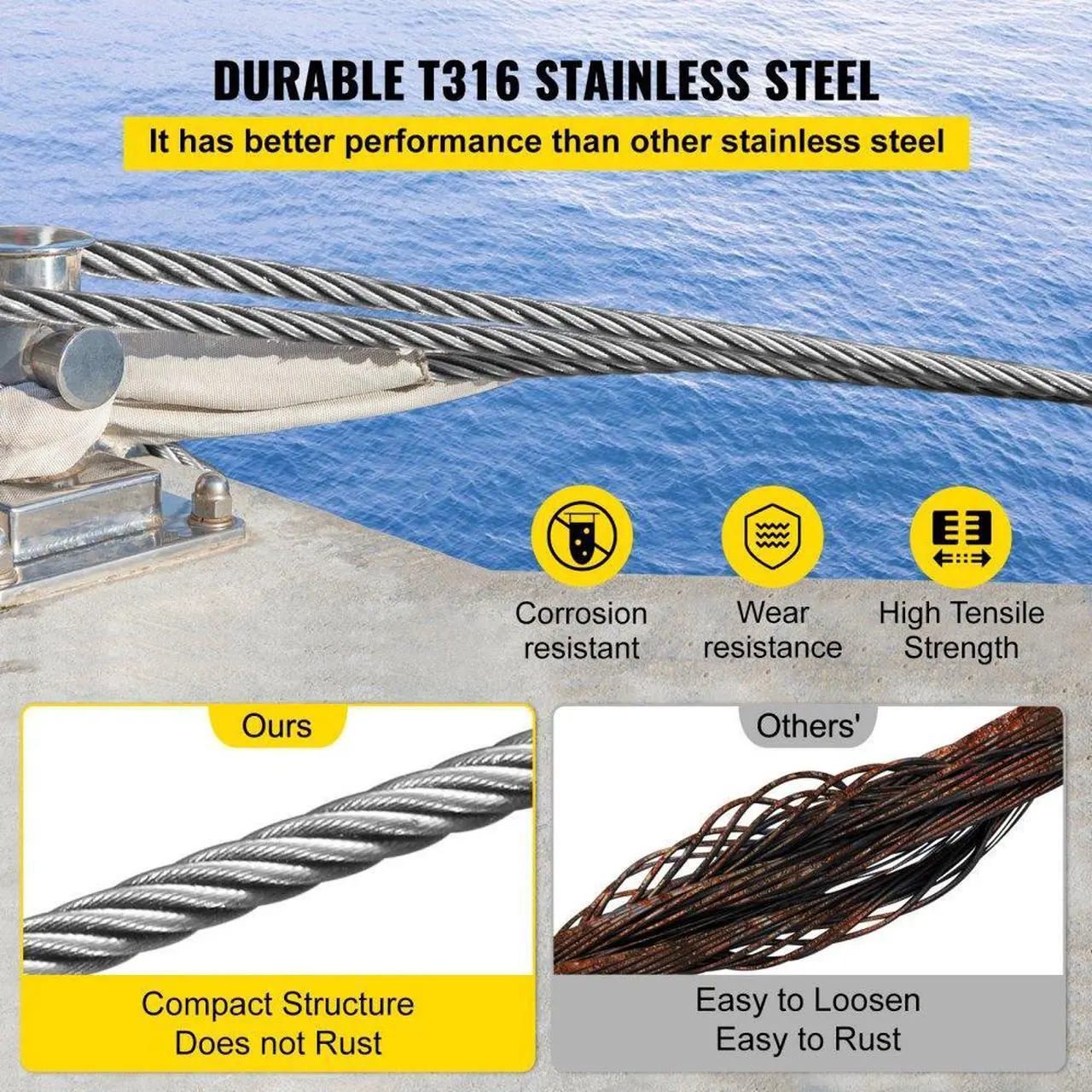 Alt view image 6 of 8 - VEVOR 500ft 1x19 Stainless Steel Cable Wire Rope 5/32 Lifting Fishery Mining