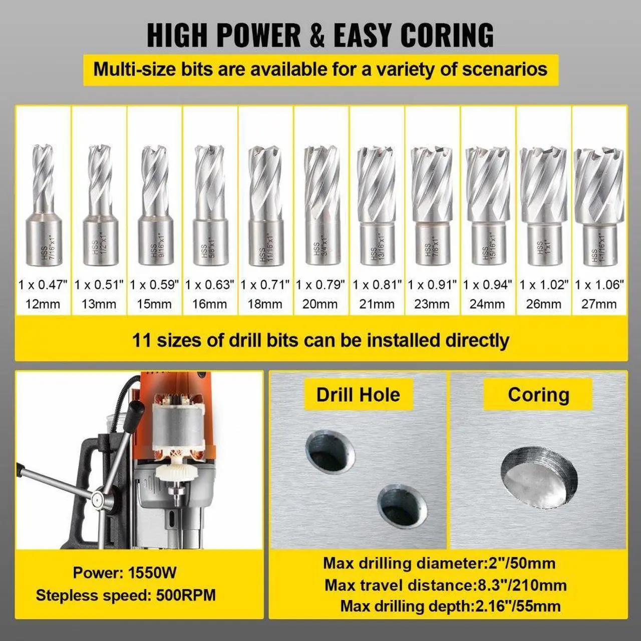 Alt view image 4 of 8 - VEVOR Md50 Magnetic Drill Press Set Annular Cutter Kit Mag Drill & 7 Pcs 2" Hss Cutter