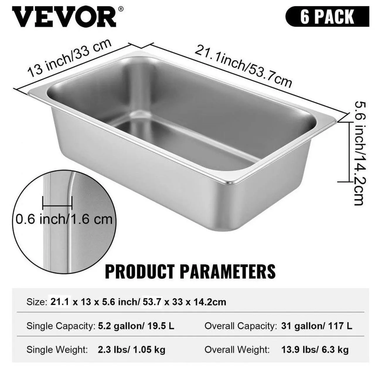 Alt view image 11 of 11 - VEVOR Steam Table Pans Bain-marie 6 Pack Commercial Hotel Buffet Pans Steam Prep Table