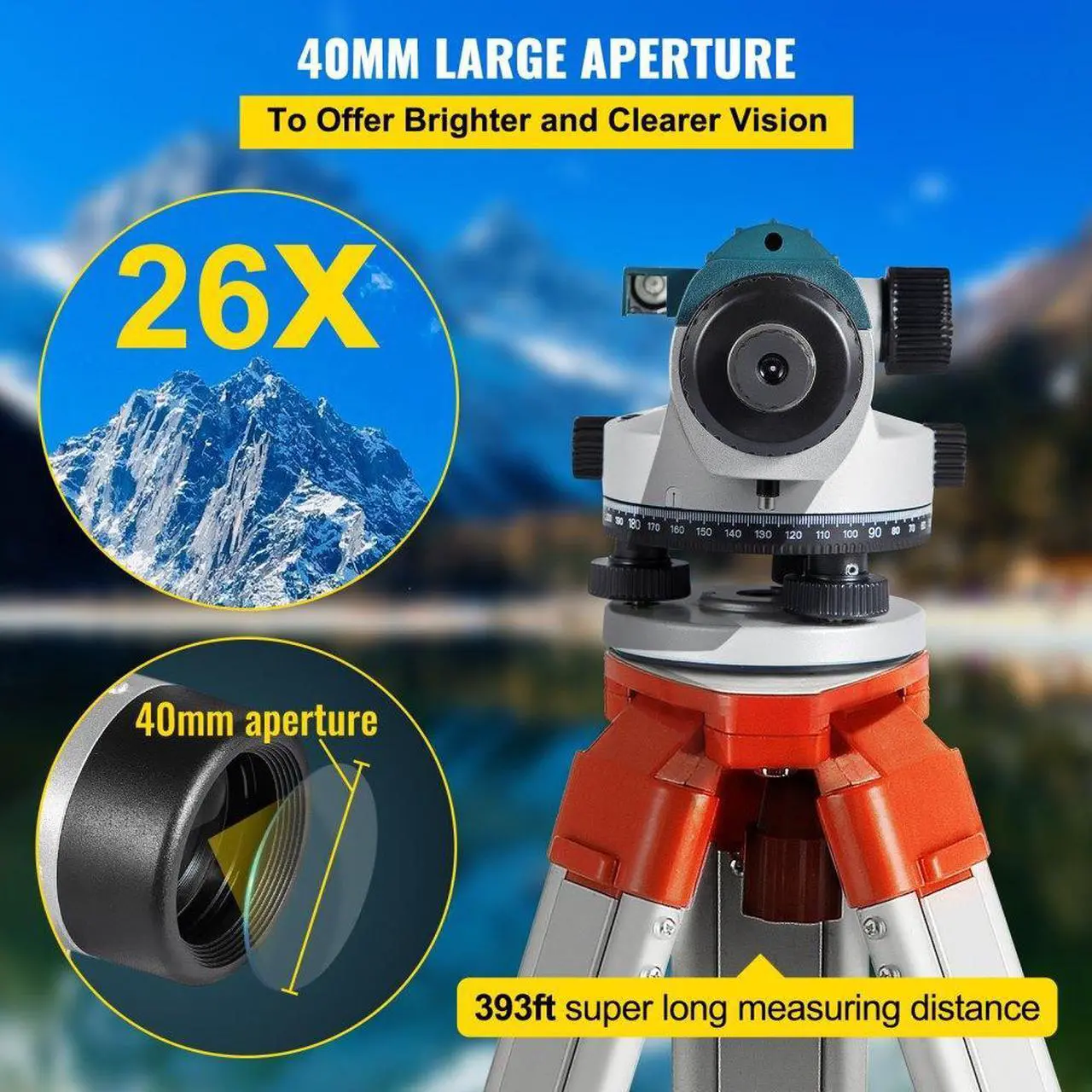 Alt view image 4 of 8 - VEVOR Automatic Optical Level 26X Optical Auto Level Kit High Precision Height/Distance/Angle Level Measure Builders Level with Magnetic Dampened Compensator and Transport Lock, IP54 Waterproof