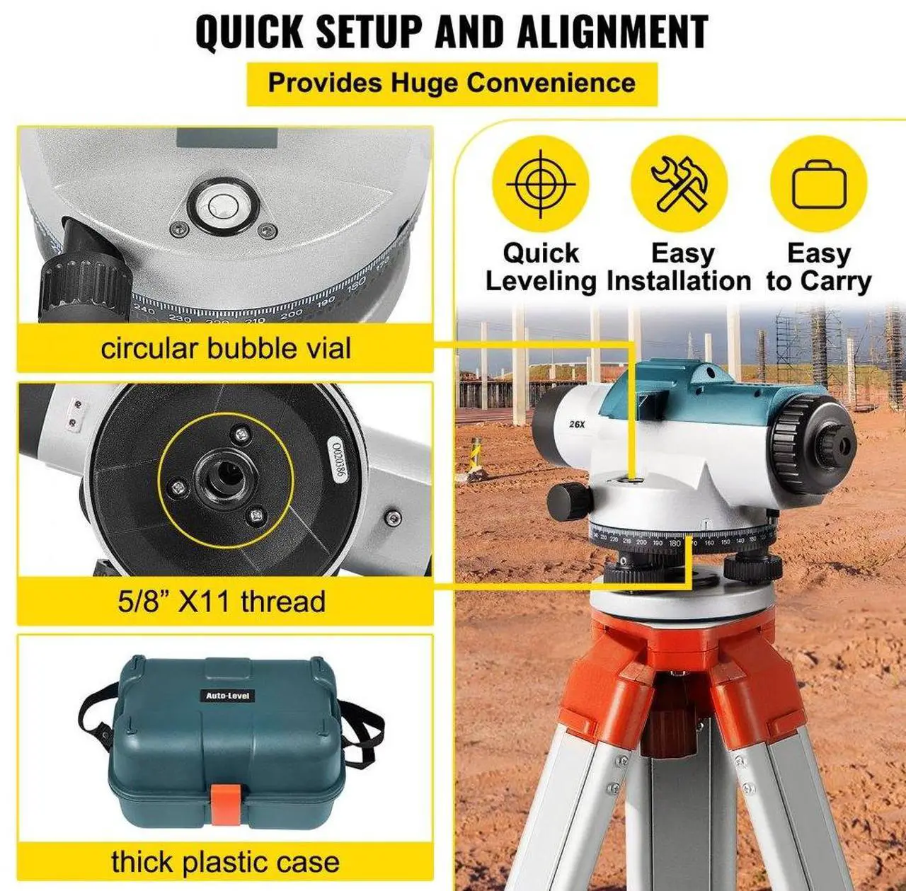 Alt view image 7 of 8 - VEVOR Automatic Optical Level 26X Optical Auto Level Kit High Precision Height/Distance/Angle Level Measure Builders Level with Magnetic Dampened Compensator and Transport Lock, IP54 Waterproof