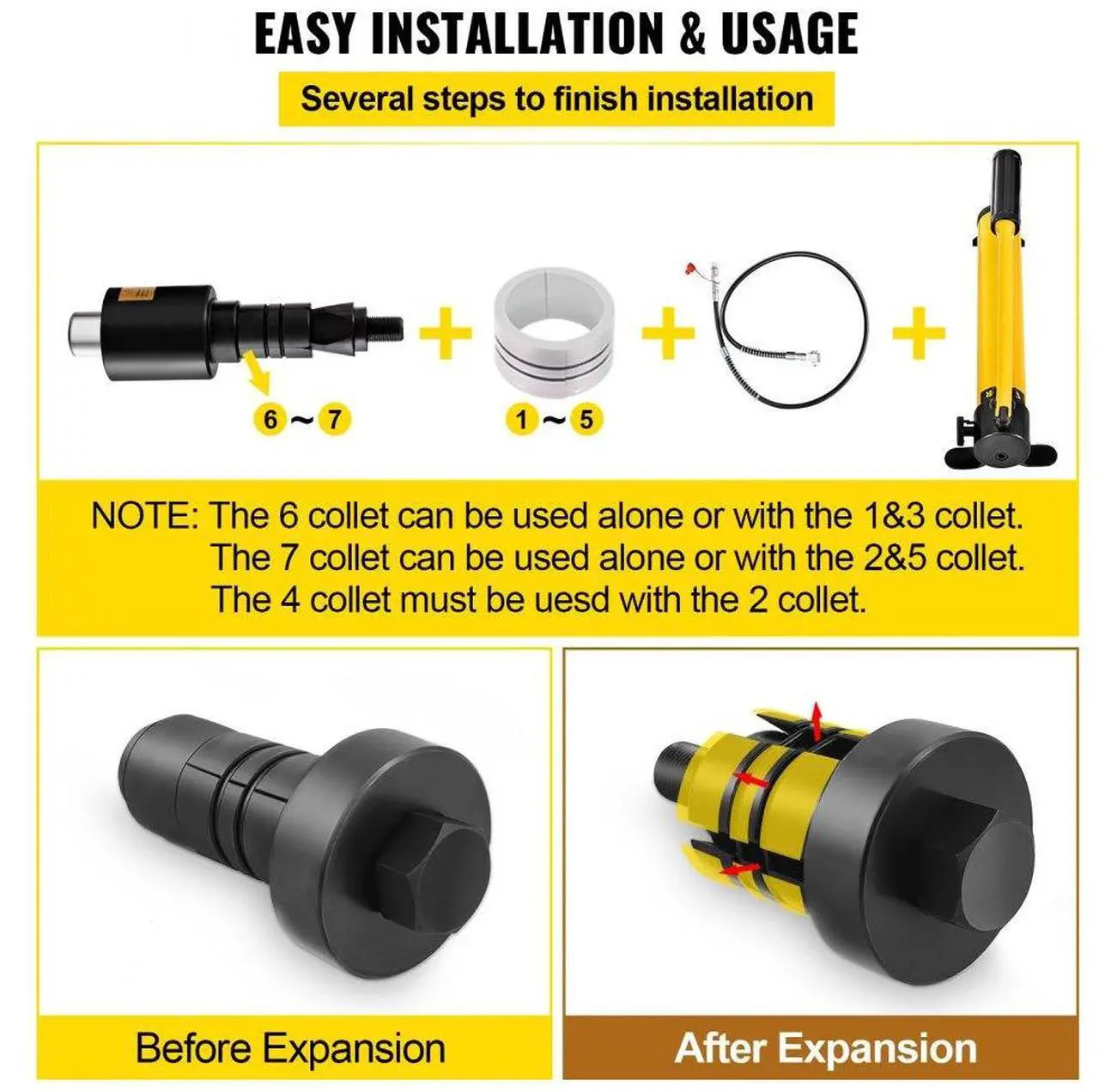 Alt view image 5 of 7 - VEVOR Hydraulic Exhaust Pipe Expander, 1-5/8" to 4-1/4" size, 10 T Manual Hydraulic Pipe Stretcher w/4 Dies and 2 Storing Case for Copper, Aluminum Tubes in Car Repairing