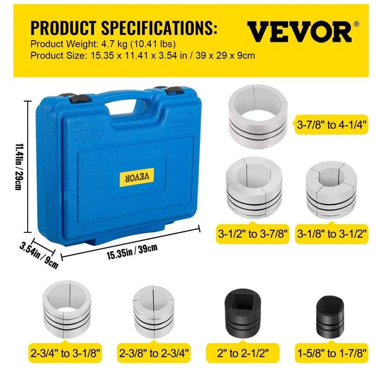 Alt view image 7 of 7 - VEVOR Hydraulic Exhaust Pipe Expander, 1-5/8" to 4-1/4" size, 10 T Manual Hydraulic Pipe Stretcher w/4 Dies and 2 Storing Case for Copper, Aluminum Tubes in Car Repairing