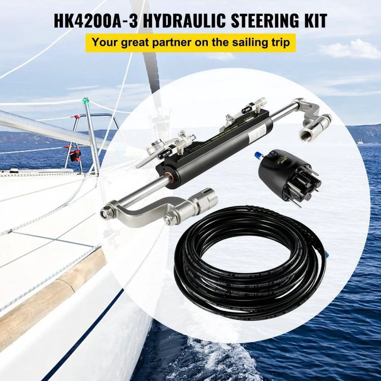 Alt view image 3 of 8 - VEVOR Hydraulic Steering Kit 300HP Hydraulic Steering Compact Cylinder Hydraulic Outboard Steering Kit with Helm Pump for Boat Marine Steering System