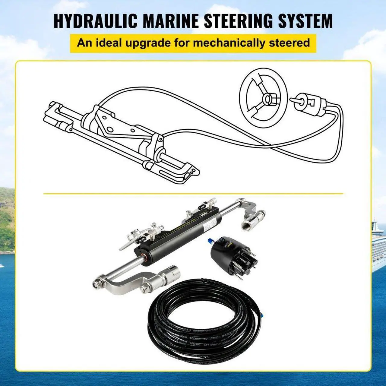 Alt view image 4 of 8 - VEVOR Hydraulic Steering Kit 300HP Hydraulic Steering Compact Cylinder Hydraulic Outboard Steering Kit with Helm Pump for Boat Marine Steering System