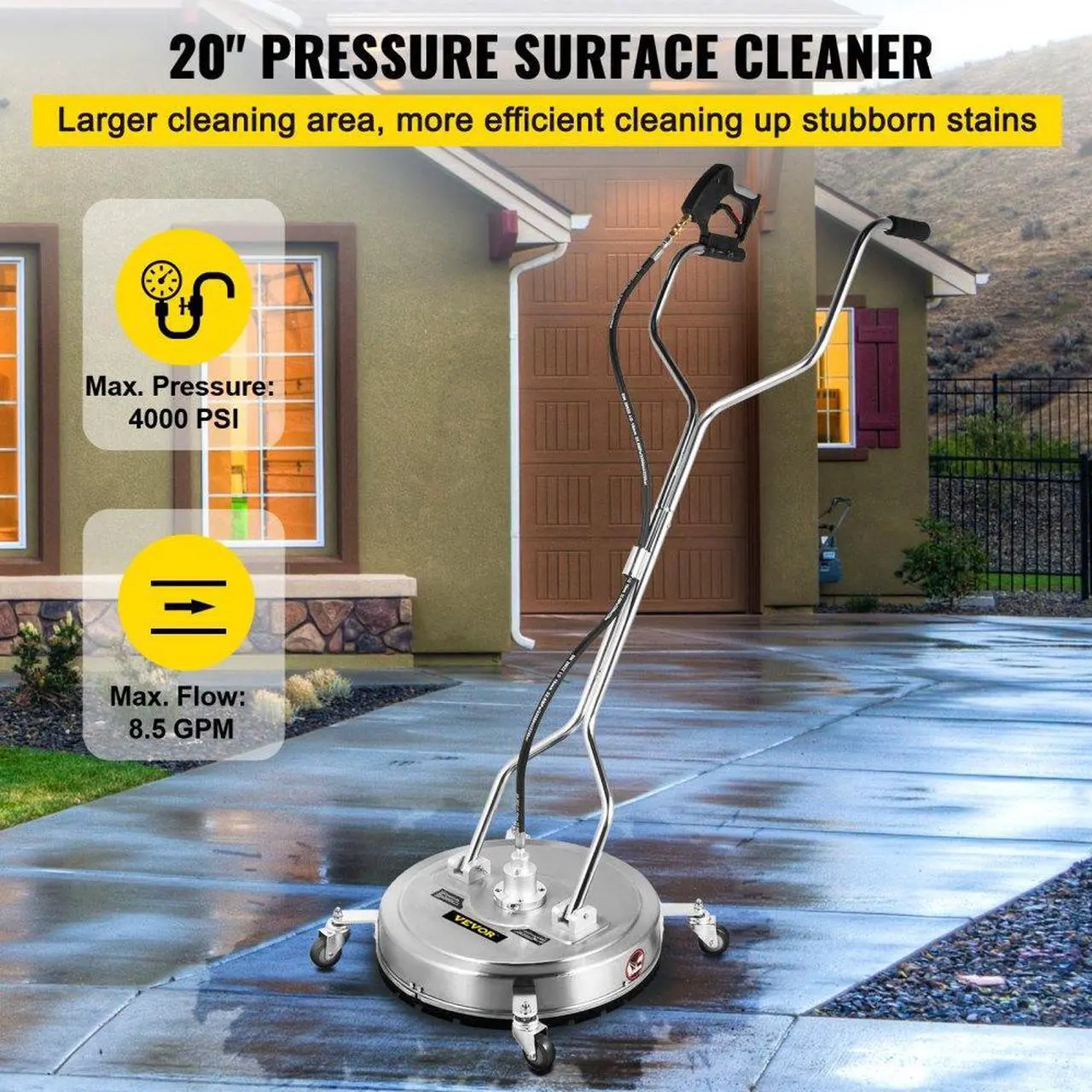 Alt view image 3 of 8 - VEVOR Pressure Washer Surface Cleaner, 20'', Max. 4000 PSI Pressure by 2 Nozzles for Cleaning Driveways, Sidewalks, Stainless Steel Frame w/Rotating Dual Handle, Wheels, Fit for 3/8'' Quick Connector