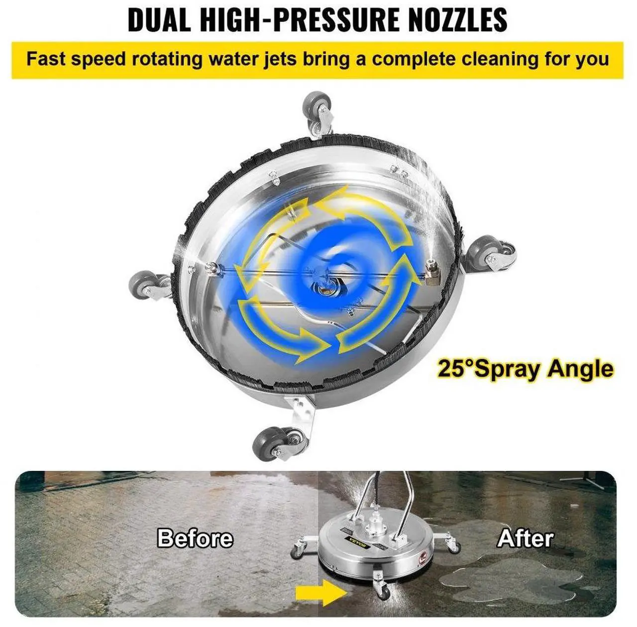 Alt view image 4 of 8 - VEVOR Pressure Washer Surface Cleaner, 20'', Max. 4000 PSI Pressure by 2 Nozzles for Cleaning Driveways, Sidewalks, Stainless Steel Frame w/Rotating Dual Handle, Wheels, Fit for 3/8'' Quick Connector