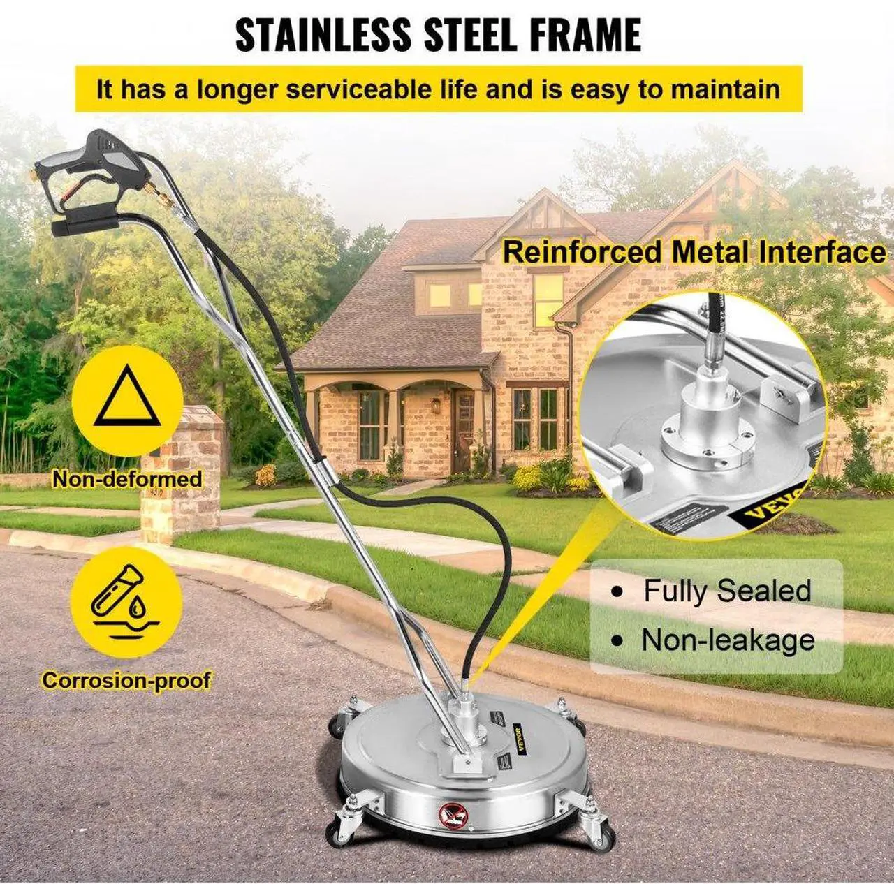 Alt view image 5 of 8 - VEVOR Pressure Washer Surface Cleaner, 20'', Max. 4000 PSI Pressure by 2 Nozzles for Cleaning Driveways, Sidewalks, Stainless Steel Frame w/Rotating Dual Handle, Wheels, Fit for 3/8'' Quick Connector