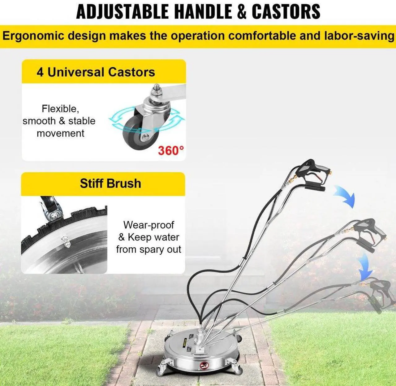 Alt view image 6 of 8 - VEVOR Pressure Washer Surface Cleaner, 20'', Max. 4000 PSI Pressure by 2 Nozzles for Cleaning Driveways, Sidewalks, Stainless Steel Frame w/Rotating Dual Handle, Wheels, Fit for 3/8'' Quick Connector